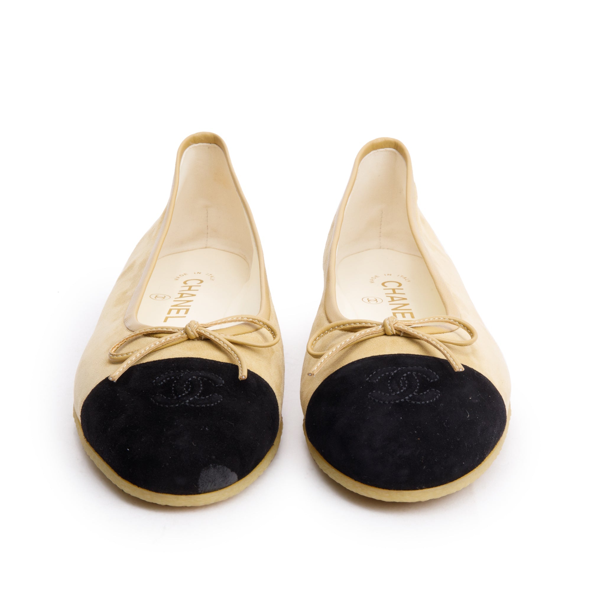 Chanel Black/Yellow Suede Kidskin Interlocking CC Logo Bow Flats, Size 40 w/ Box