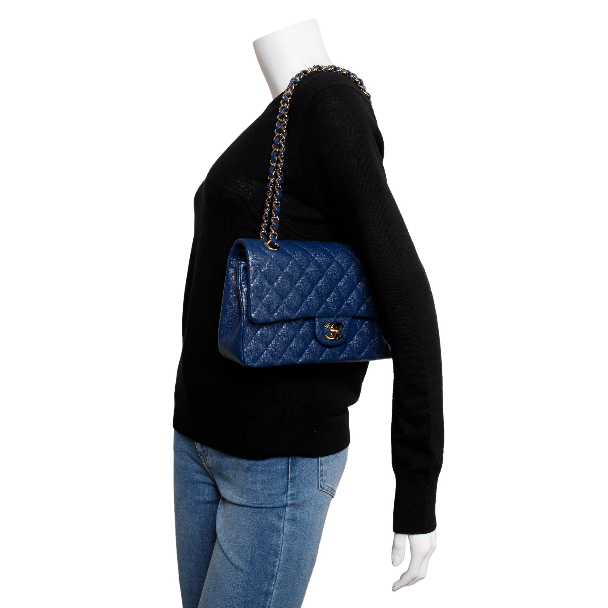 Chanel Blue Caviar Leather Classic Medium Double Flap Bag w/ Box & Receipt