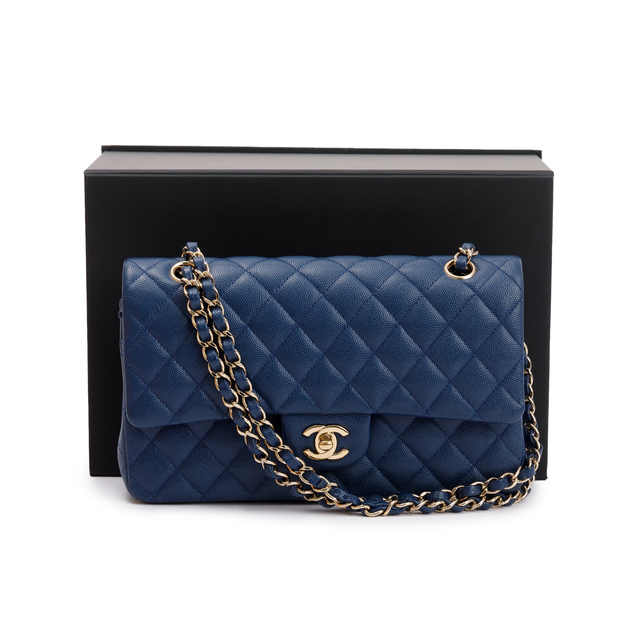Chanel Blue Caviar Leather Classic Medium Double Flap Bag w/ Box & Receipt