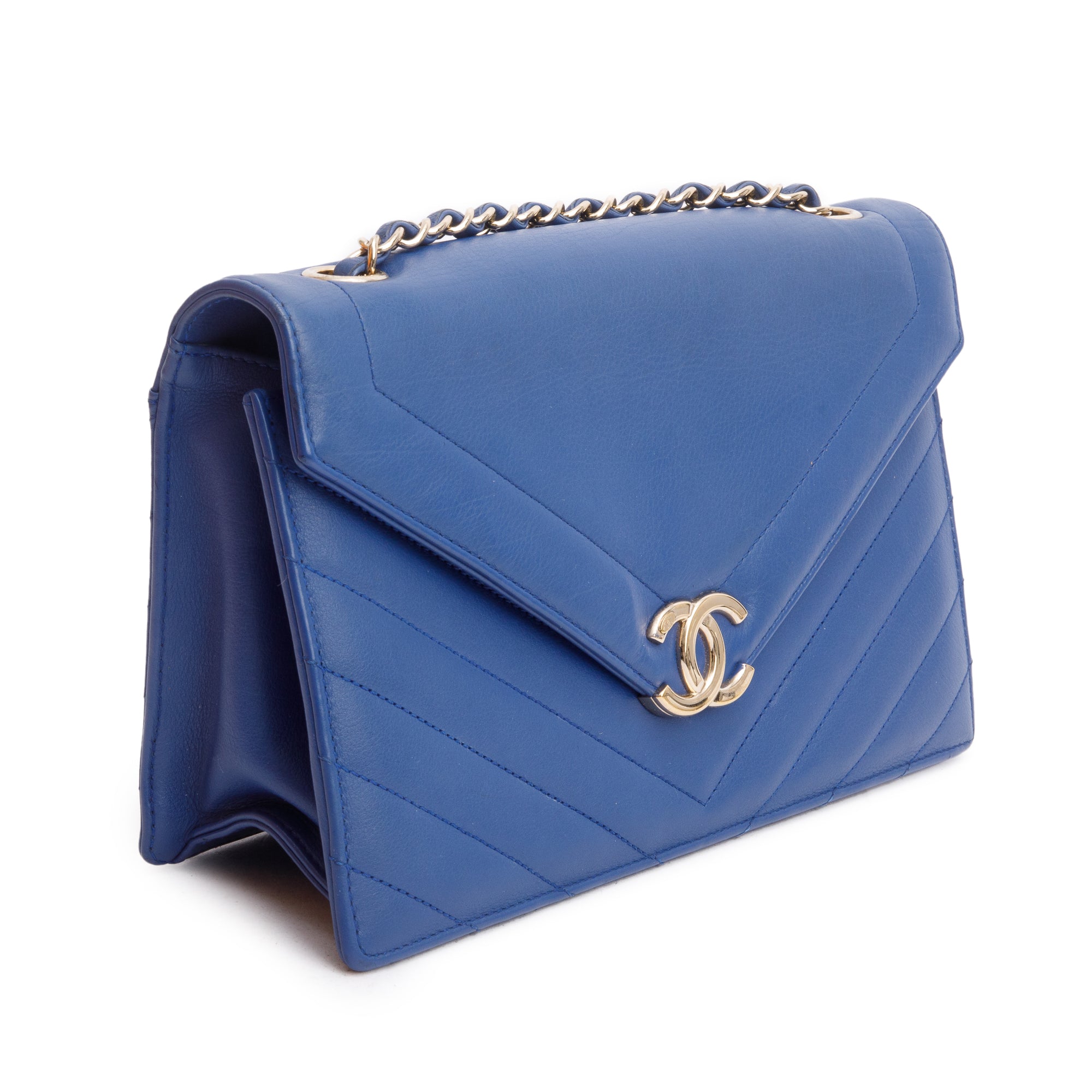 Chanel Blue Chevron Calfskin Leather Coco Envelope Flap Bag w/ Authenticity Card