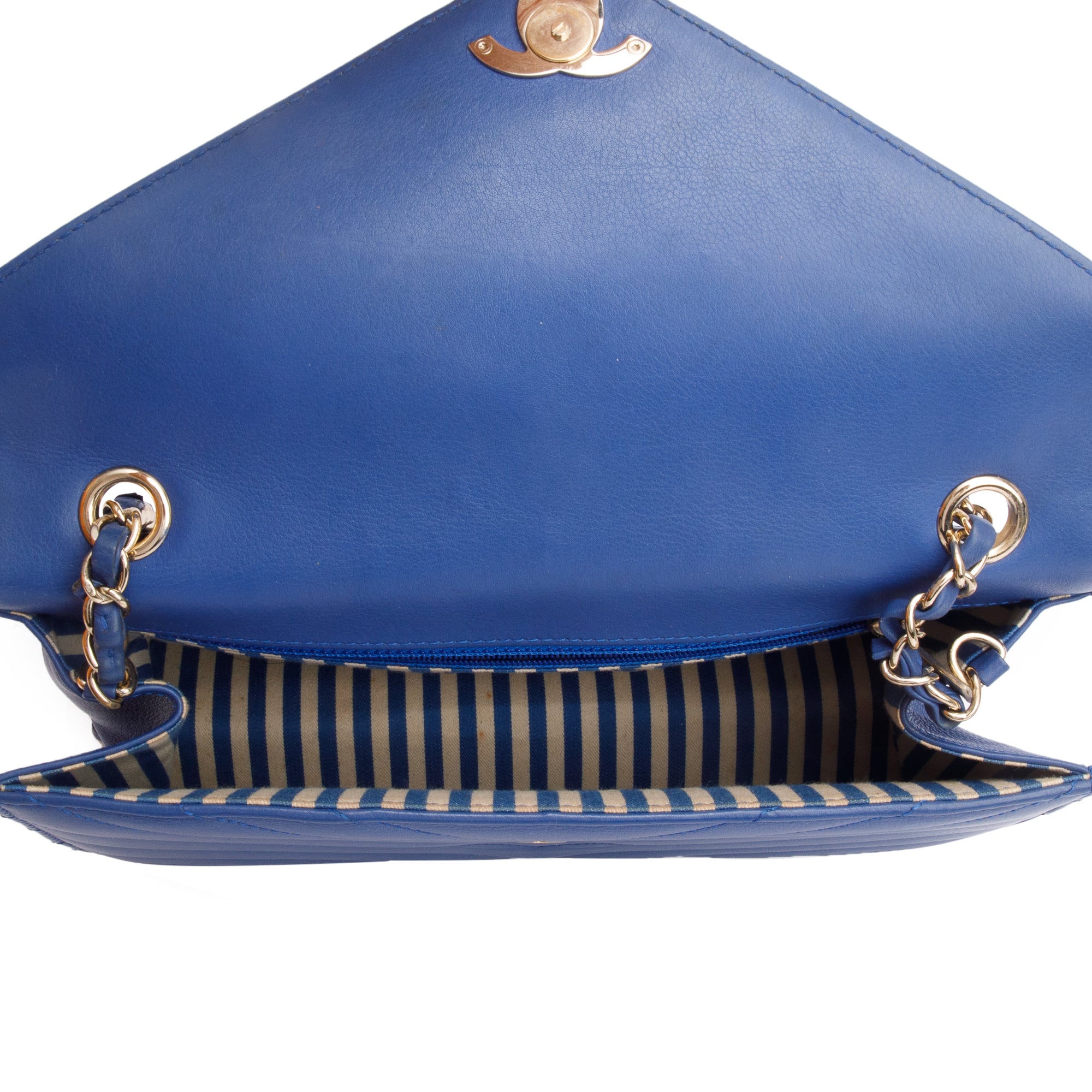 Chanel Blue Chevron Calfskin Leather Coco Envelope Flap Bag w/ Authenticity Card