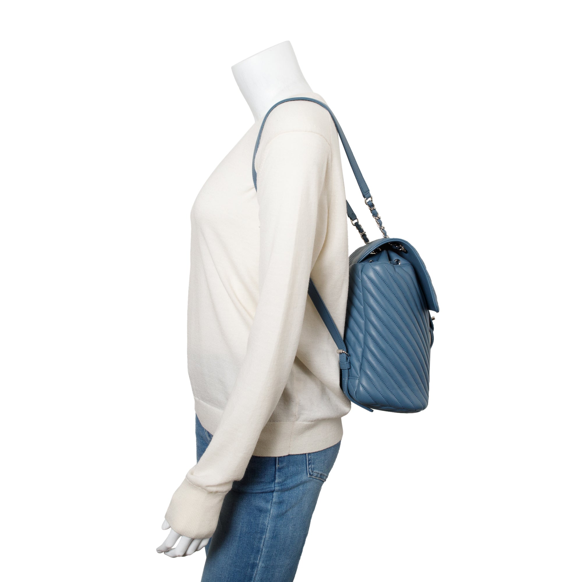 Chanel Blue Chevron Quilted Lambskin Leather Small Urban Spirit Backpack w/ Authenticity Card