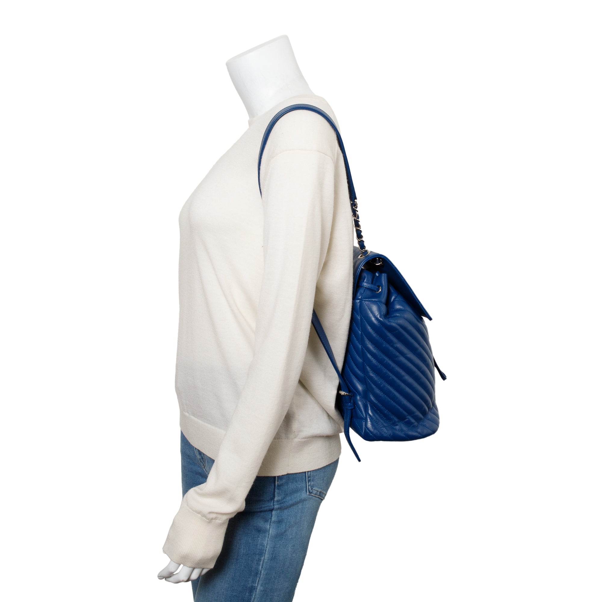 Chanel Blue Chevron Quilted Lambskin Leather Small Urban Spirit Backpack w/ Authenticity Card