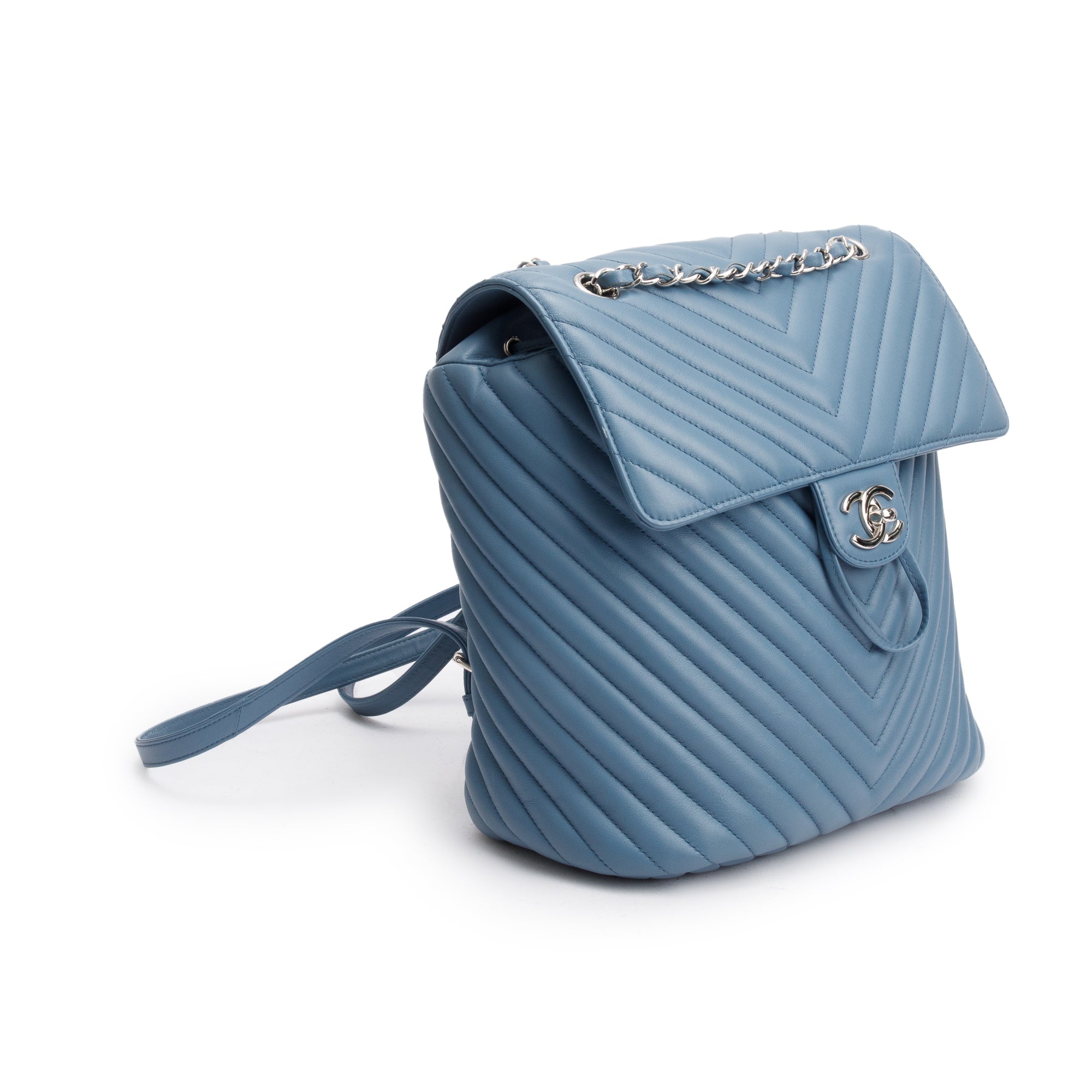 Chanel Blue Chevron Quilted Lambskin Leather Small Urban Spirit Backpack w/ Authenticity Card