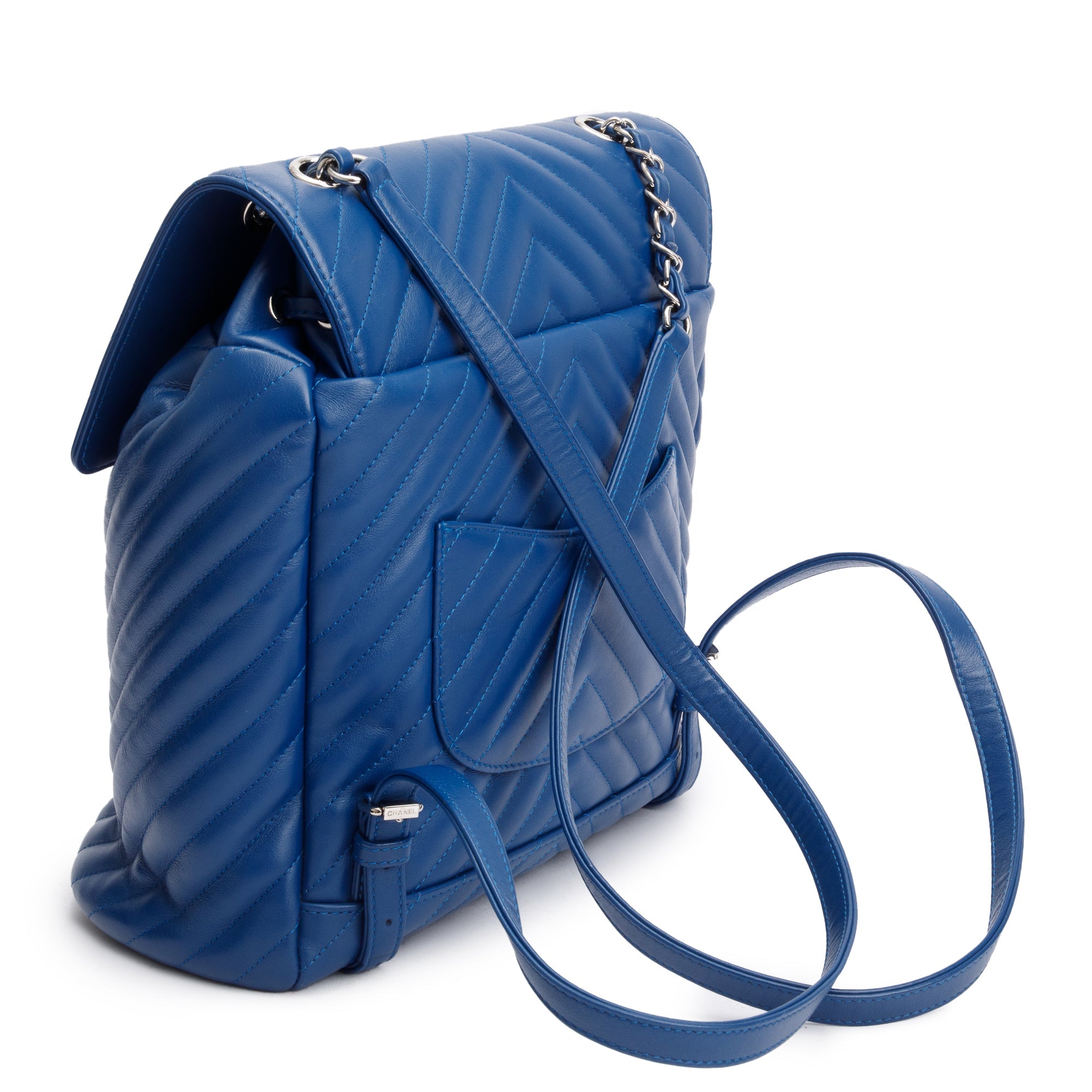Chanel Blue Chevron Quilted Lambskin Leather Small Urban Spirit Backpack w/ Authenticity Card
