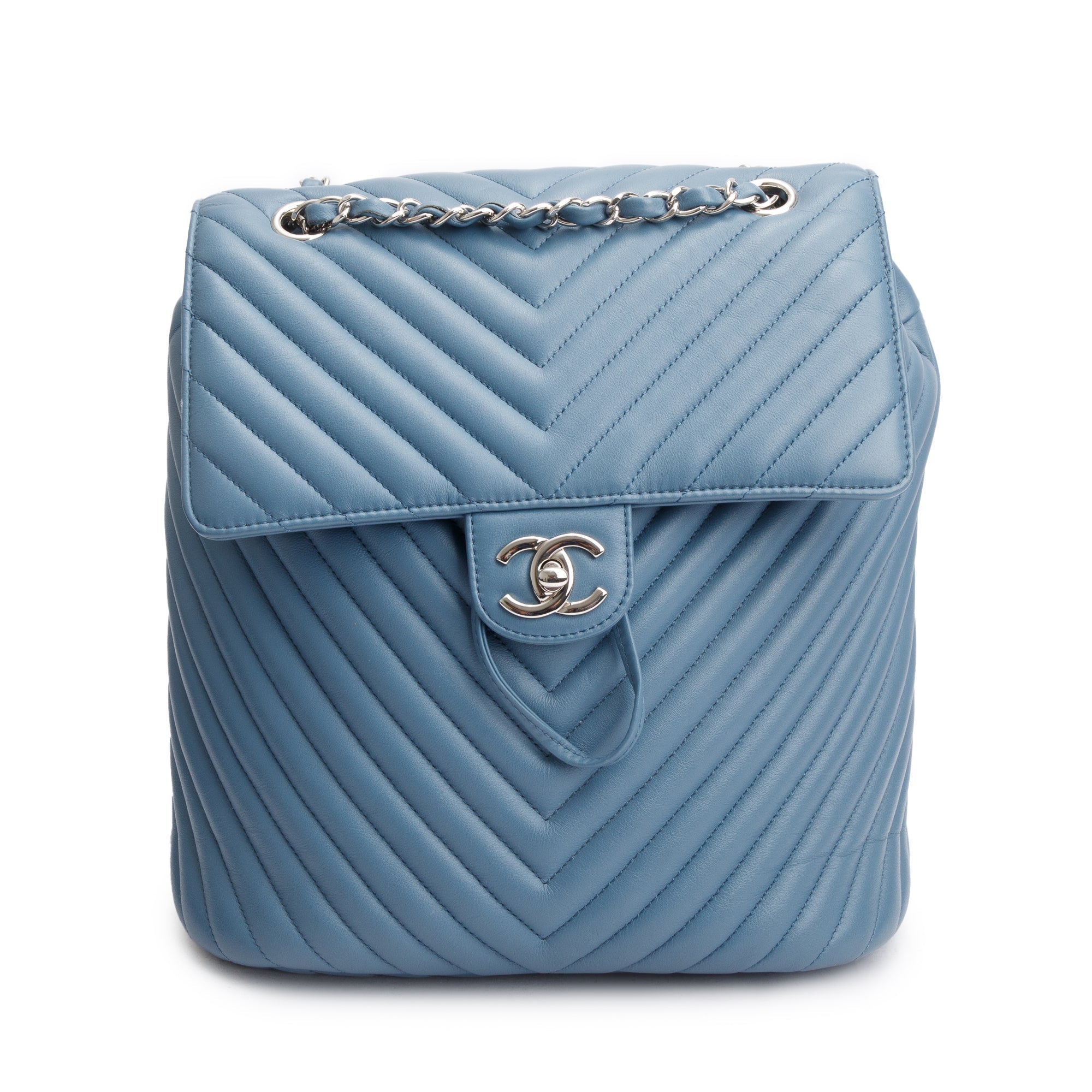 Chanel Blue Chevron Quilted Lambskin Leather Small Urban Spirit Backpack w/ Authenticity Card