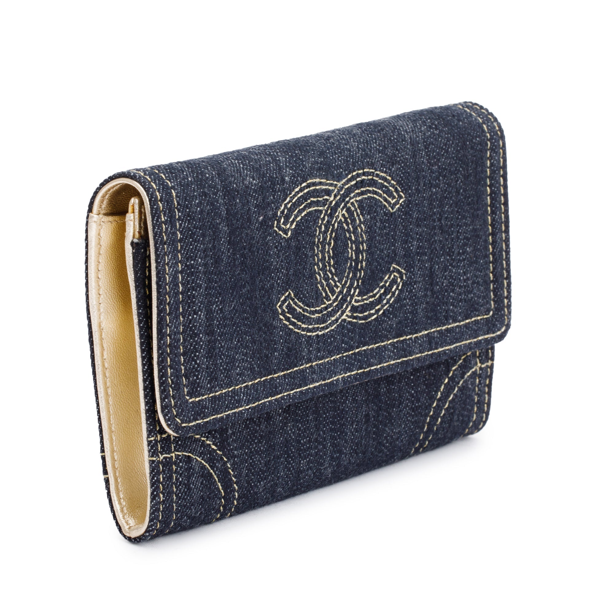Chanel Blue Denim CC Gusset Flap Wallet w/ Authenticity Card