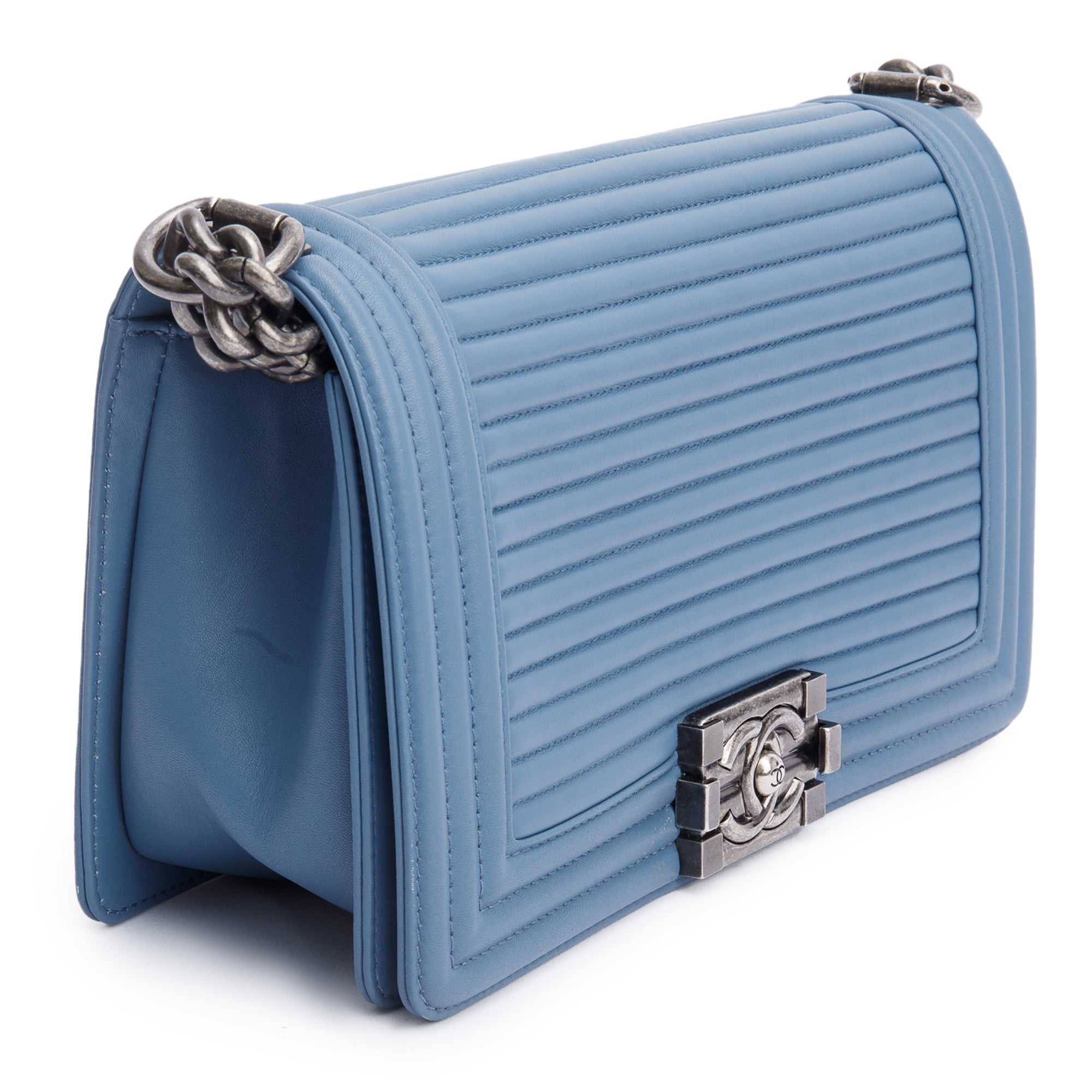 Chanel Blue Horizontal Quilted Lambskin Leather Medium Boy Bag w/ Box & Authenticity Card
