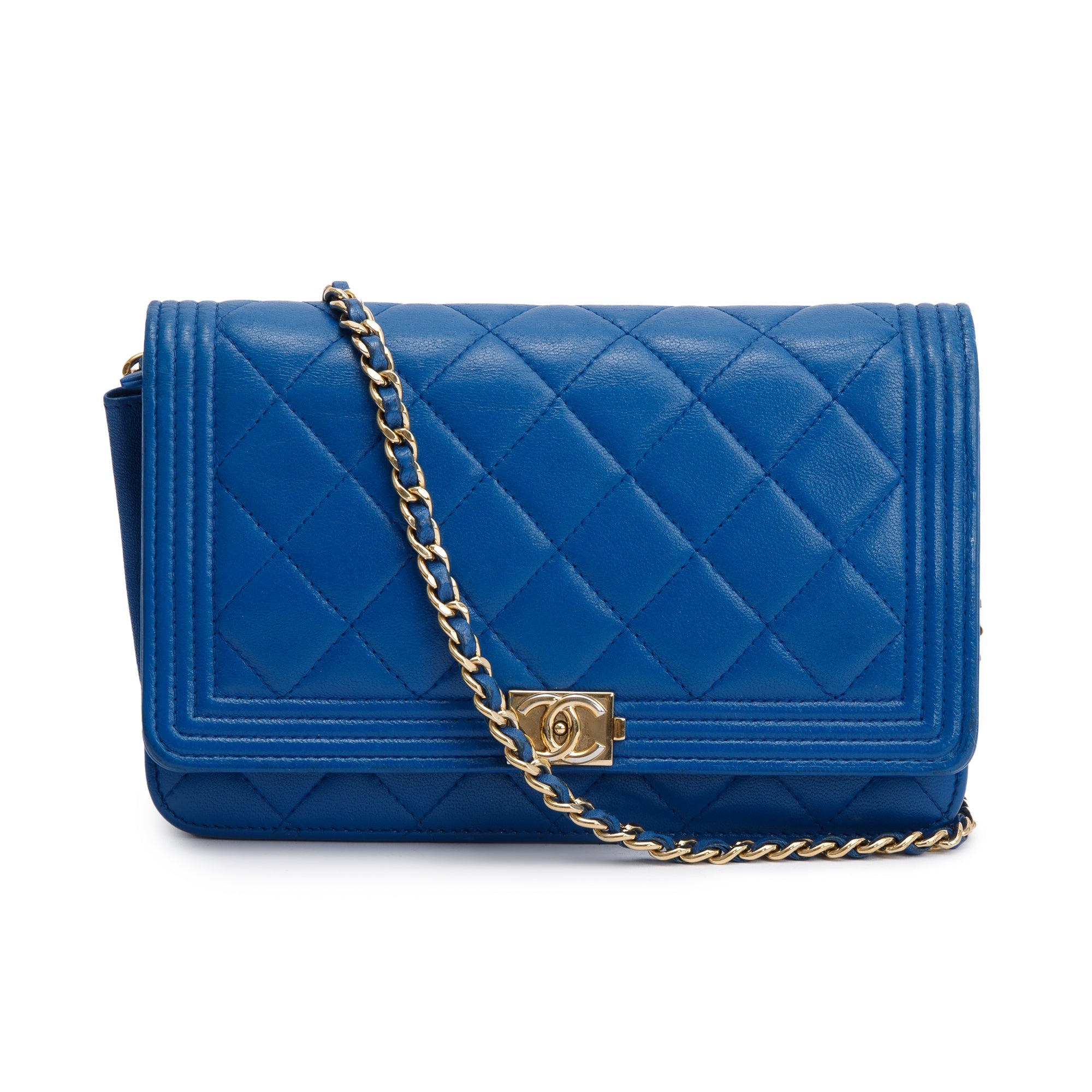 Chanel Blue Lambskin Leather Boy Wallet on Chain