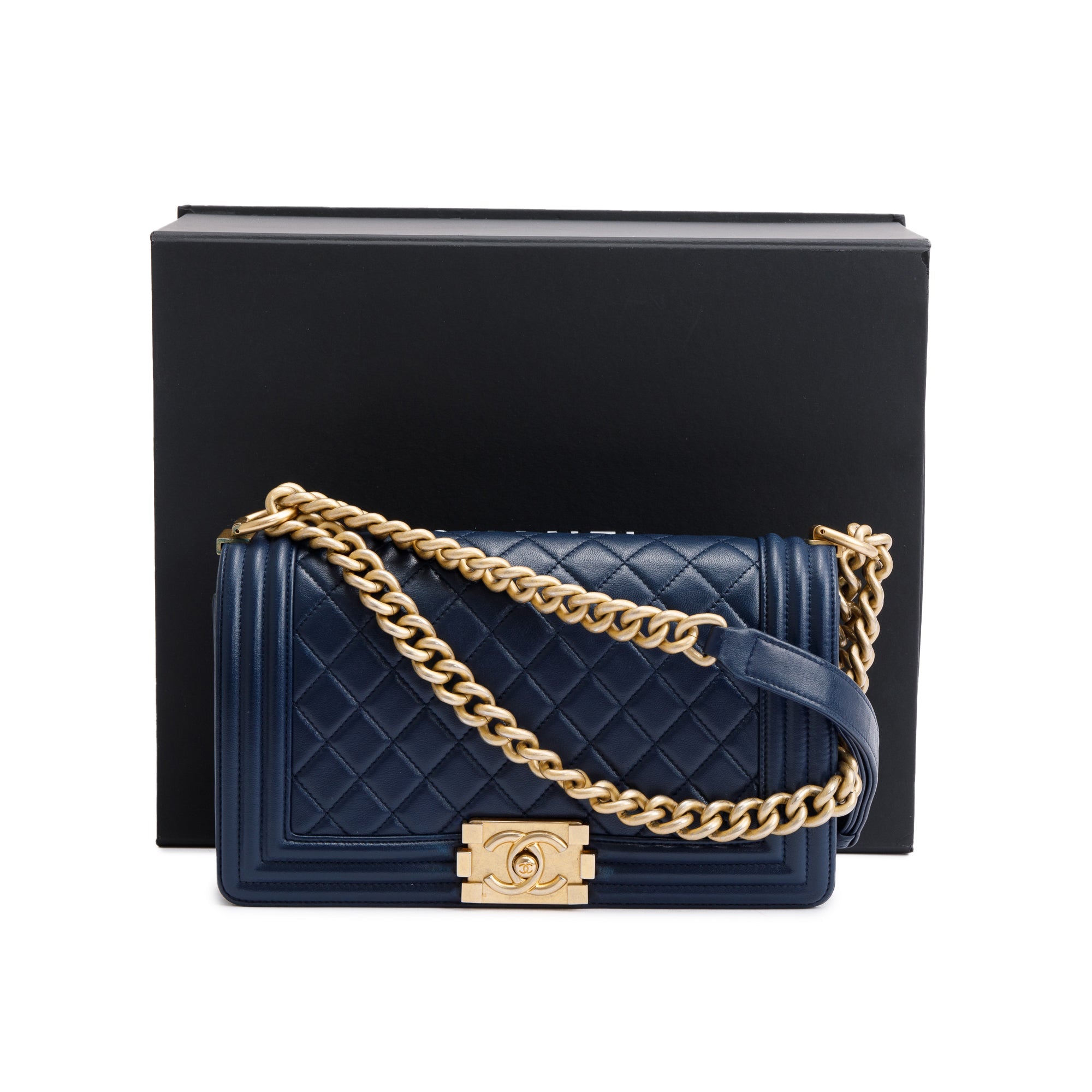 Chanel Blue Lambskin Leather Medium Boy Bag w/ Box & Authenticity Card