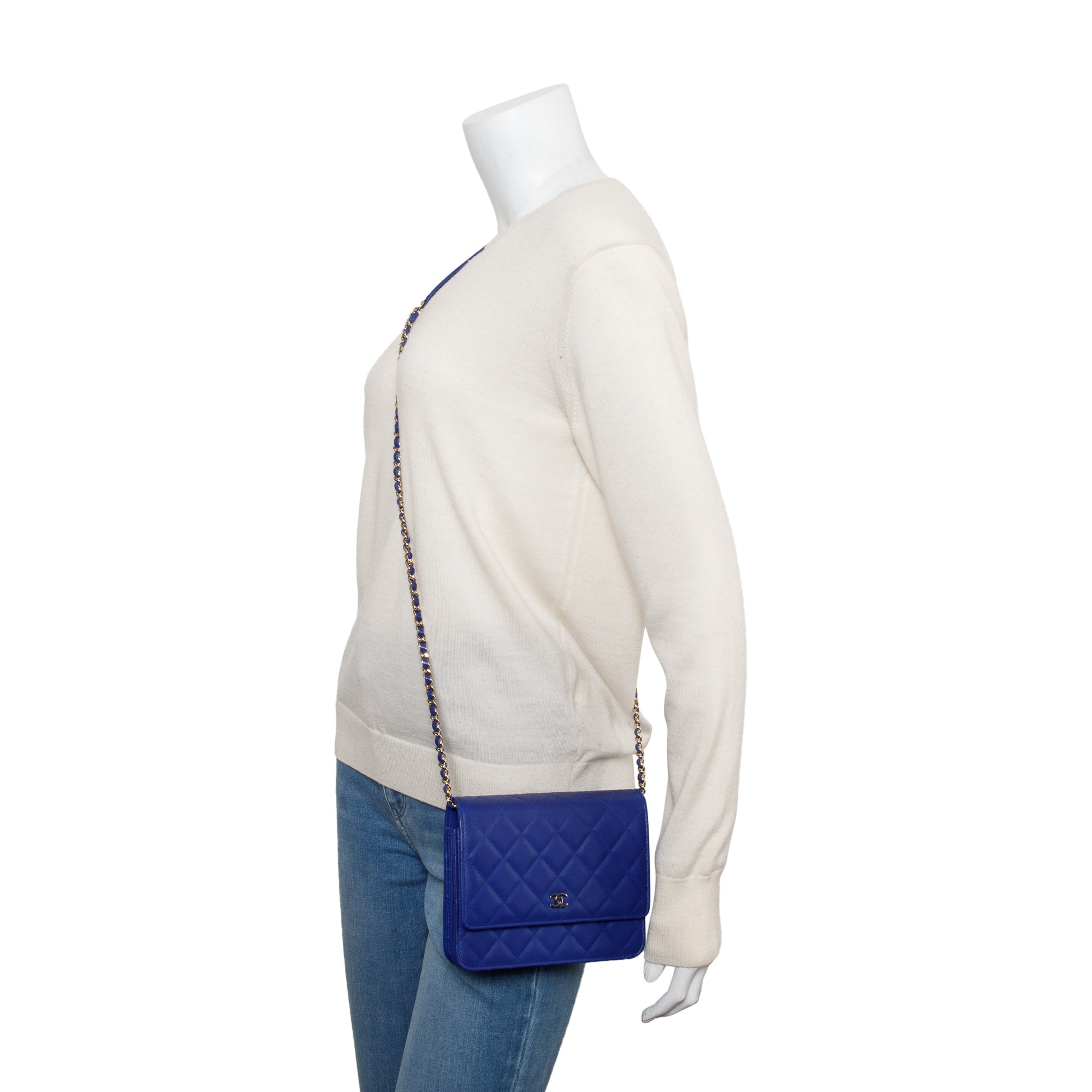 Chanel Blue Lambskin Quilted Square Wallet on Chain w/ Box & Authenticity Card