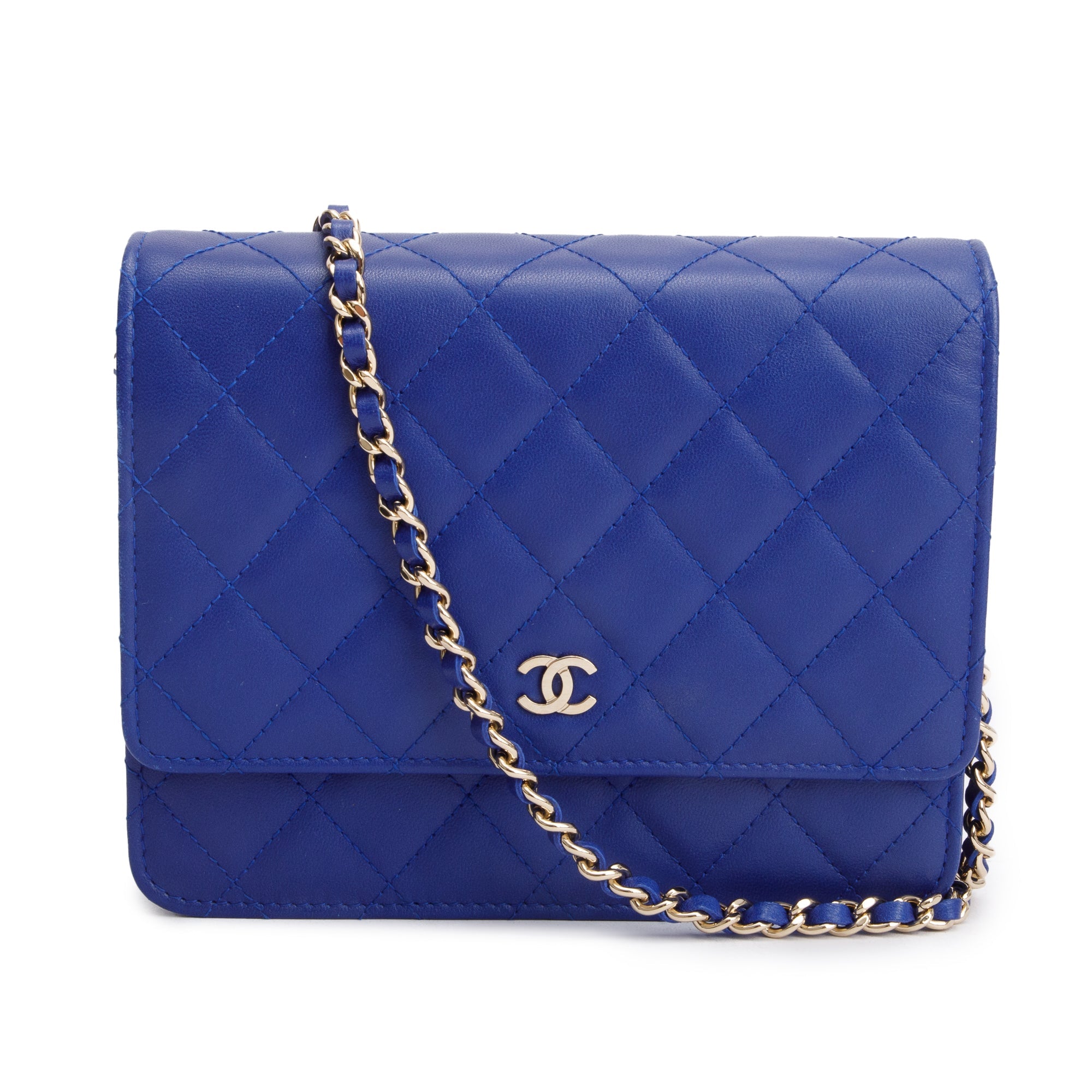 Chanel Blue Lambskin Quilted Square Wallet on Chain w/ Box & Authenticity Card