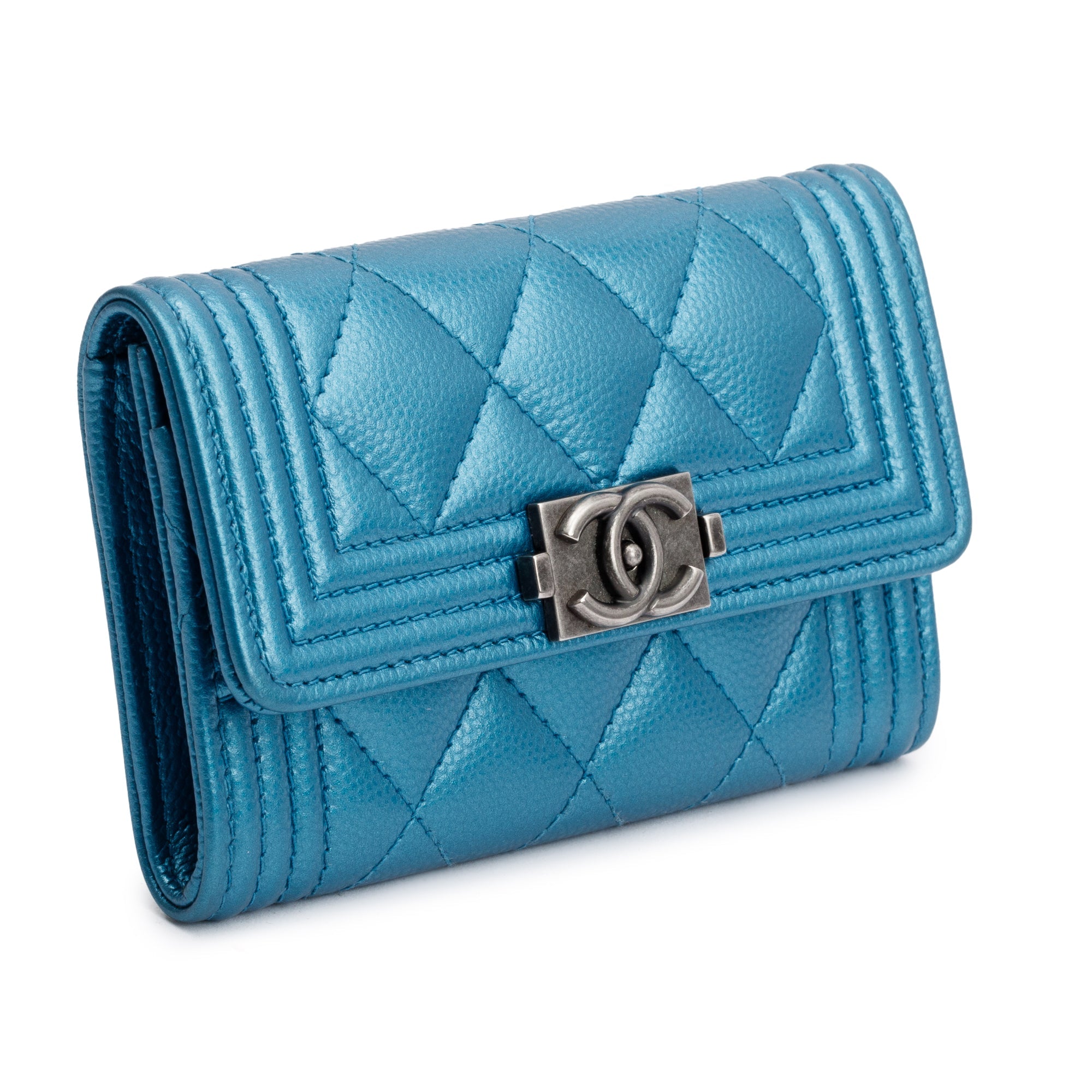 Chanel Blue Metallic Caviar Boy Flap Card Holder w/ Authenticity Card