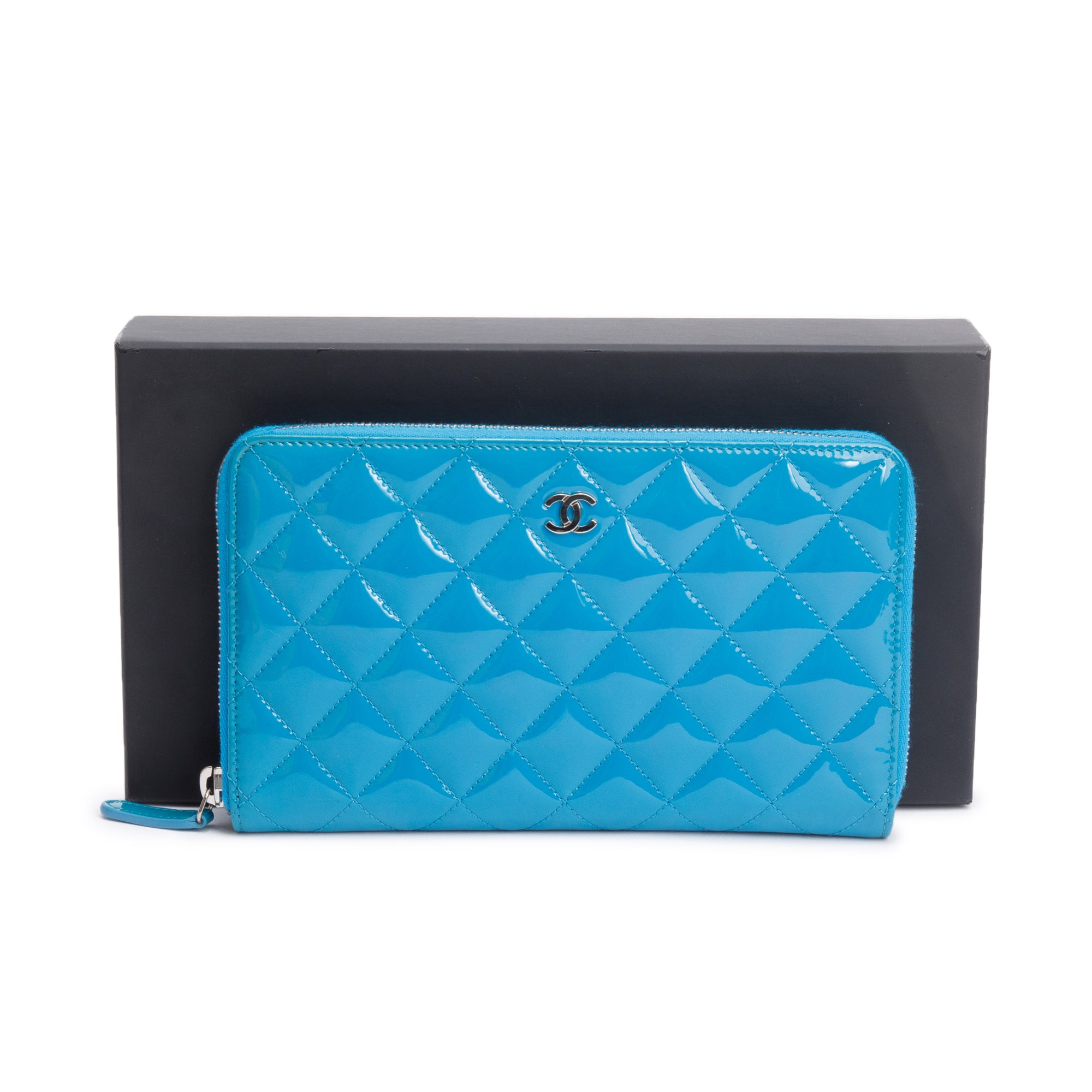 Chanel Blue Patent Leather Large Zip Around Organizer Wallet w/ Box & Authenticity Card