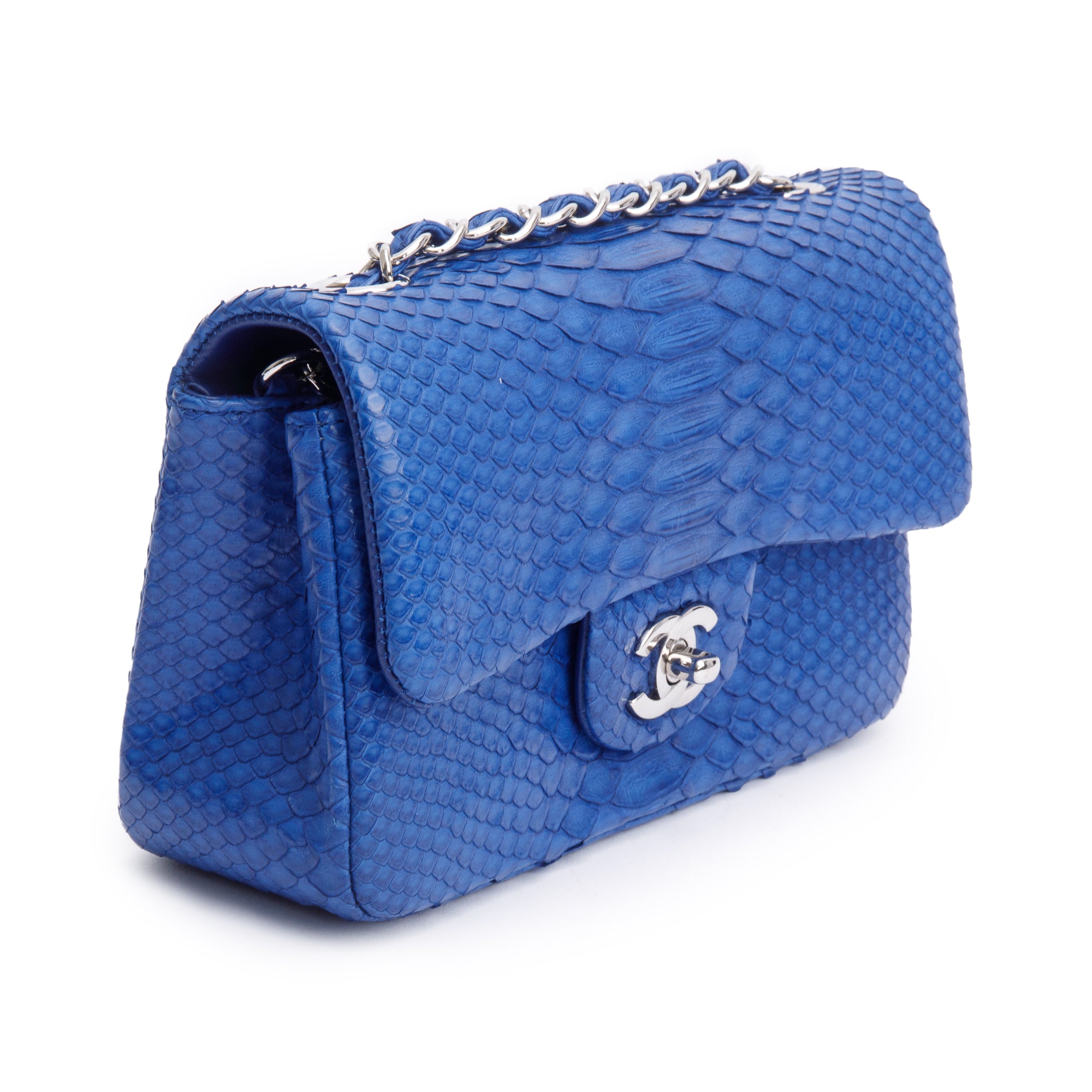 Chanel Python Exotic Mini Chanel Blue Python Classic Mini Rectangular Flap Bag w/ Box & Authenti ...