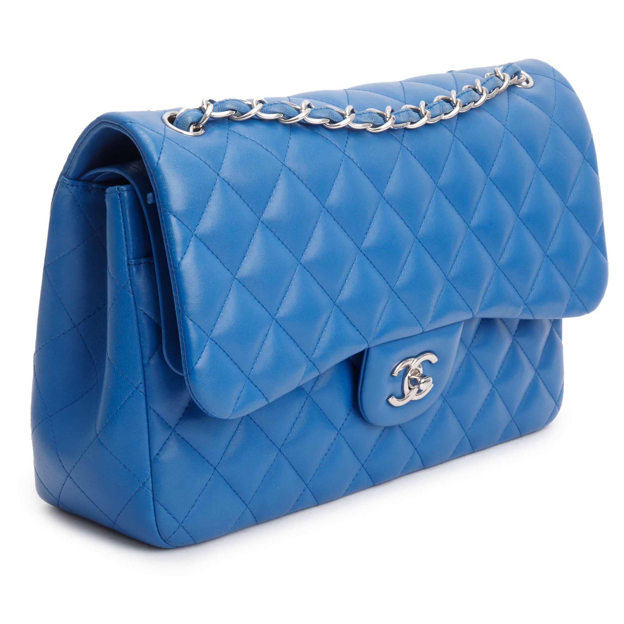 CHANEL ブルーキルティングバッグ Chanel Blue Quilted Lambskin Leather Classic Jumbo Double Flap Bag