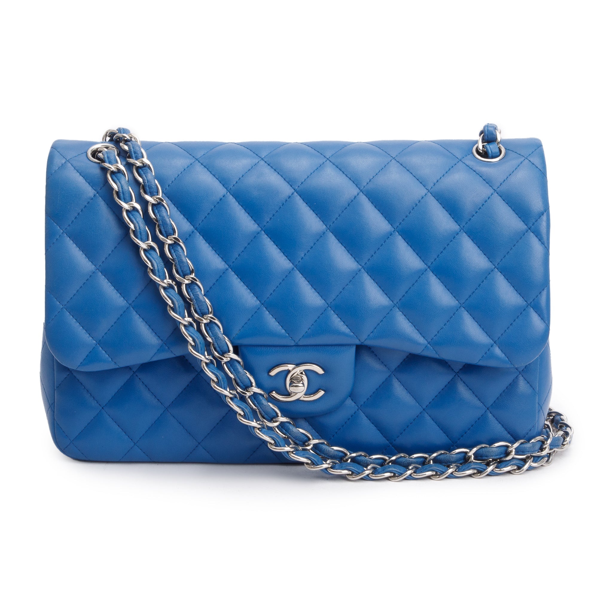 Chanel Blue Quilted Lambskin Leather Classic Jumbo Double Flap Bag