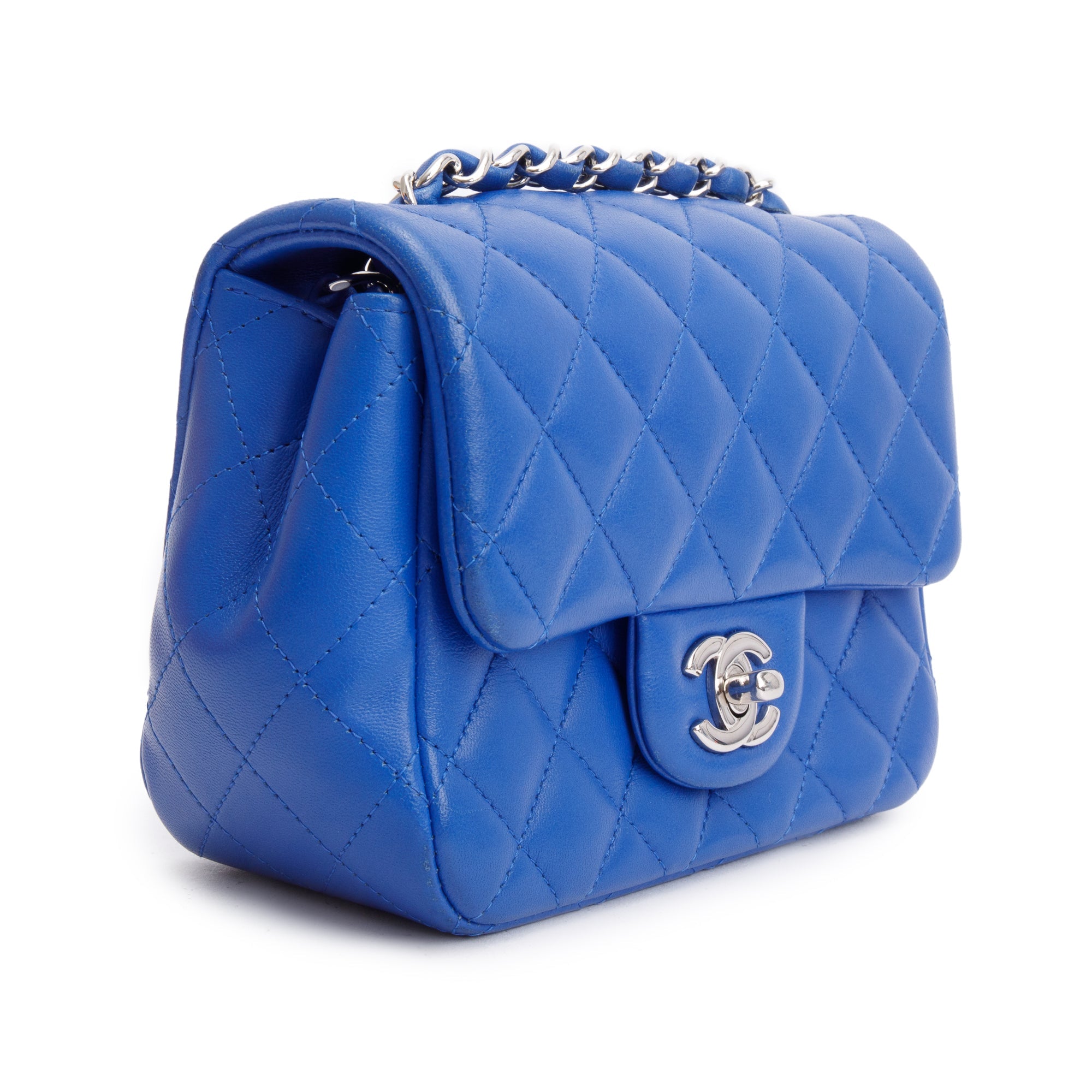 Chanel Blue Quilted Lambskin Leather Classic Square Mini Flap Bag w/ Box, Authenticity Card