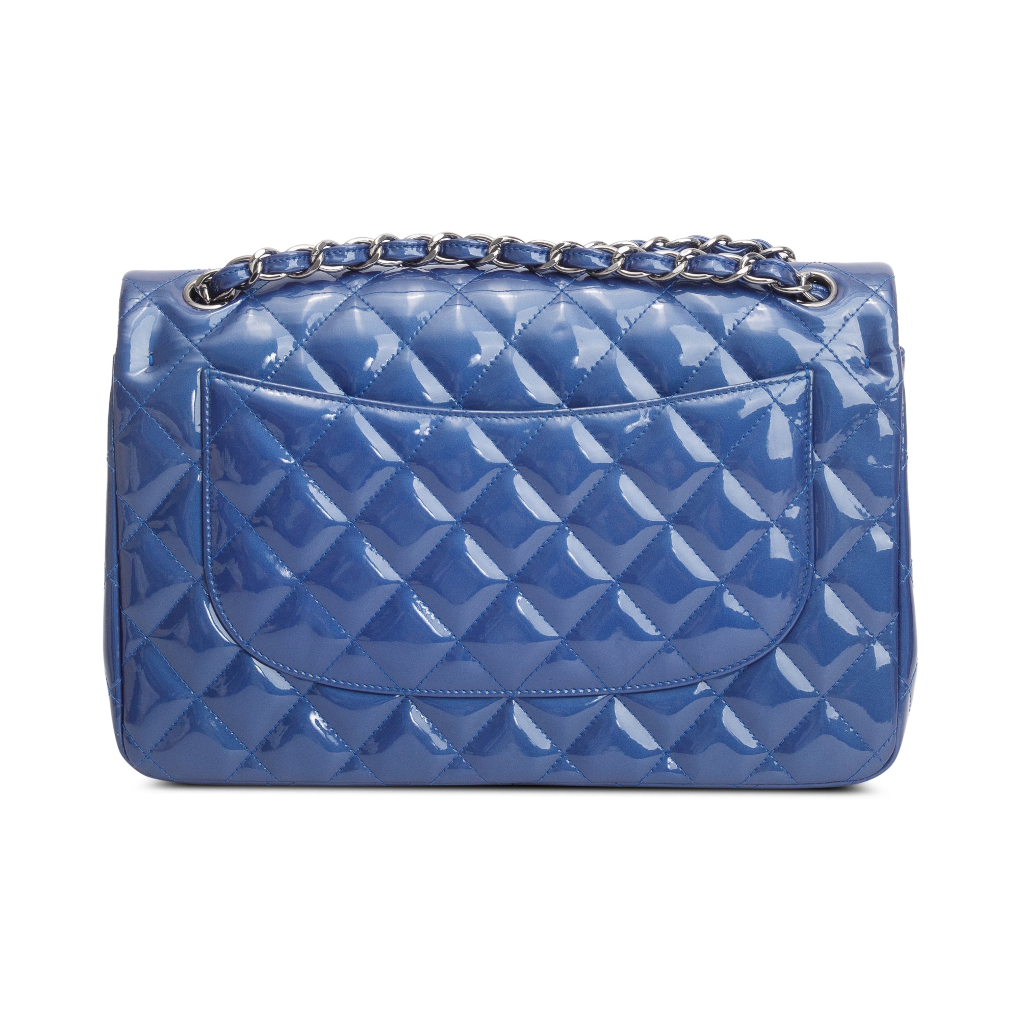 Chanel Blue Quilted Patent Leather Classic Jumbo Double Flap Bag w/ Authenticity Card