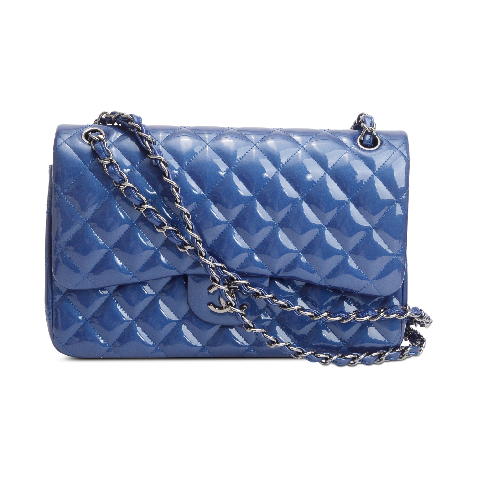 Chanel Blue Quilted Patent Leather Classic Jumbo Double Flap Bag w/ Authenticity Card