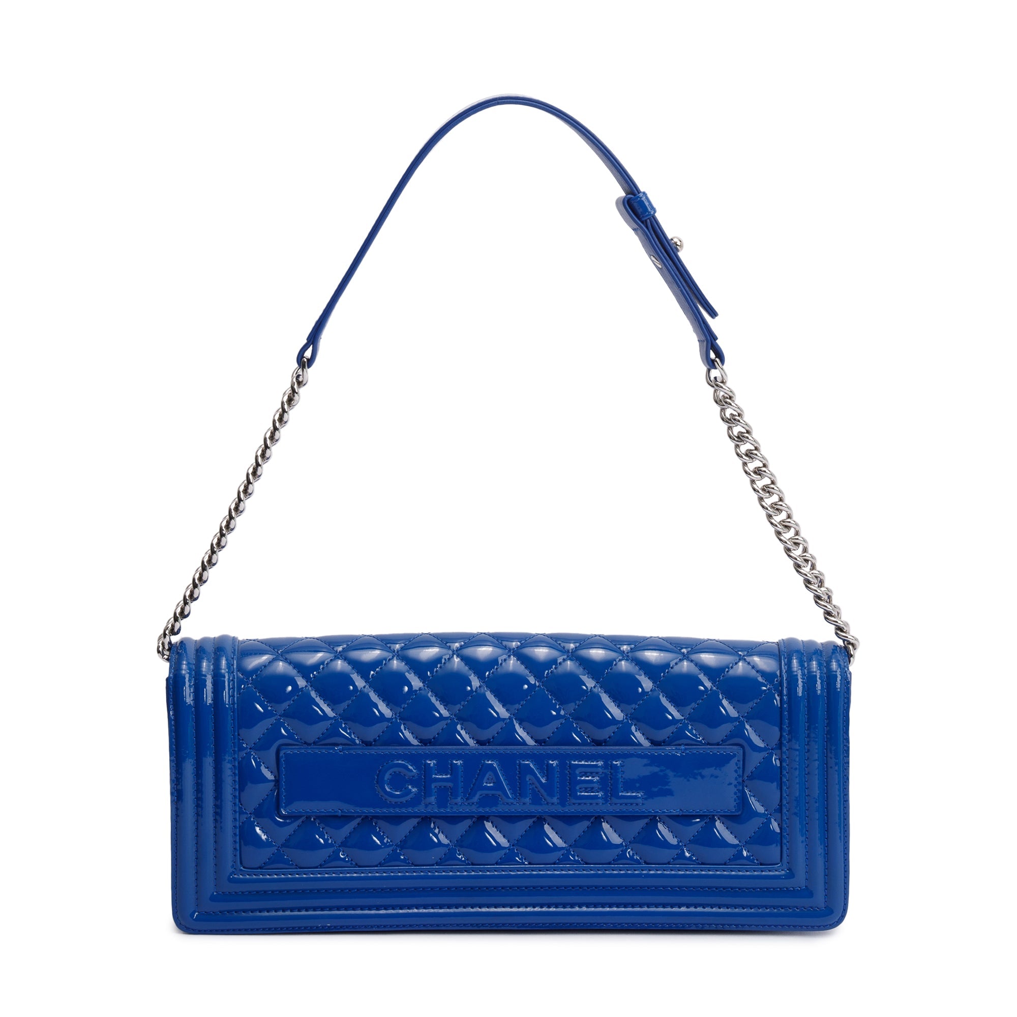 Chanel Blue Quilted Patent Leather Plexiglass Boy Convertible Bag w/ Authenticity Card