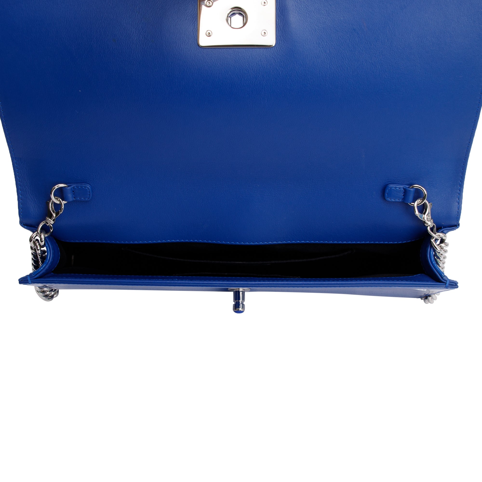 Chanel Blue Quilted Patent Leather Plexiglass Boy Convertible Bag w/ Authenticity Card