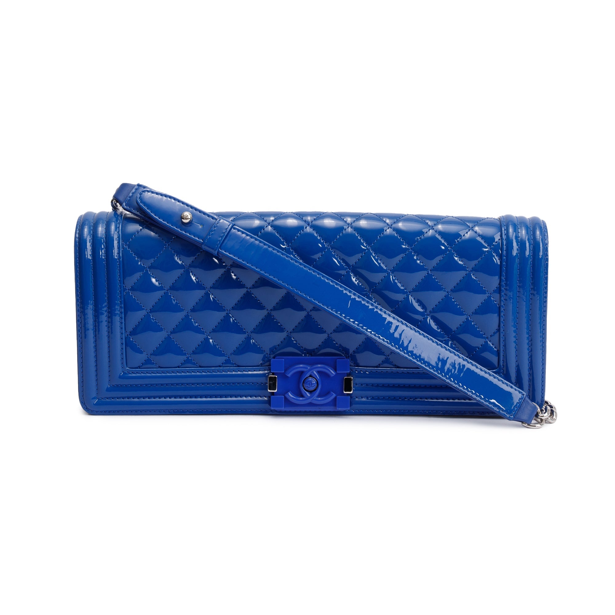 Chanel Blue Quilted Patent Leather Plexiglass Boy Convertible Bag w/ Authenticity Card