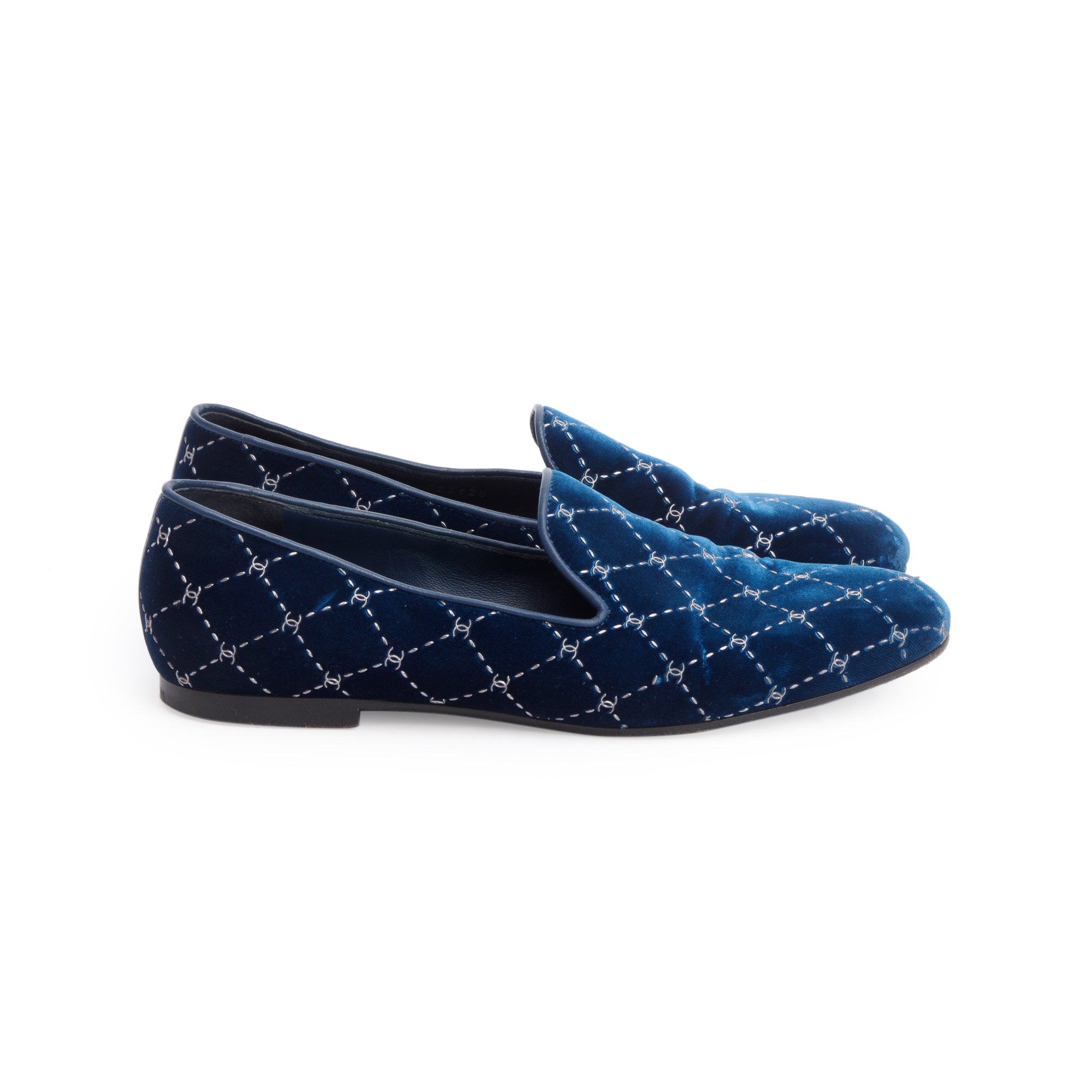 Chanel Blue Velvet CC Logo All Around Loafer, Size 39