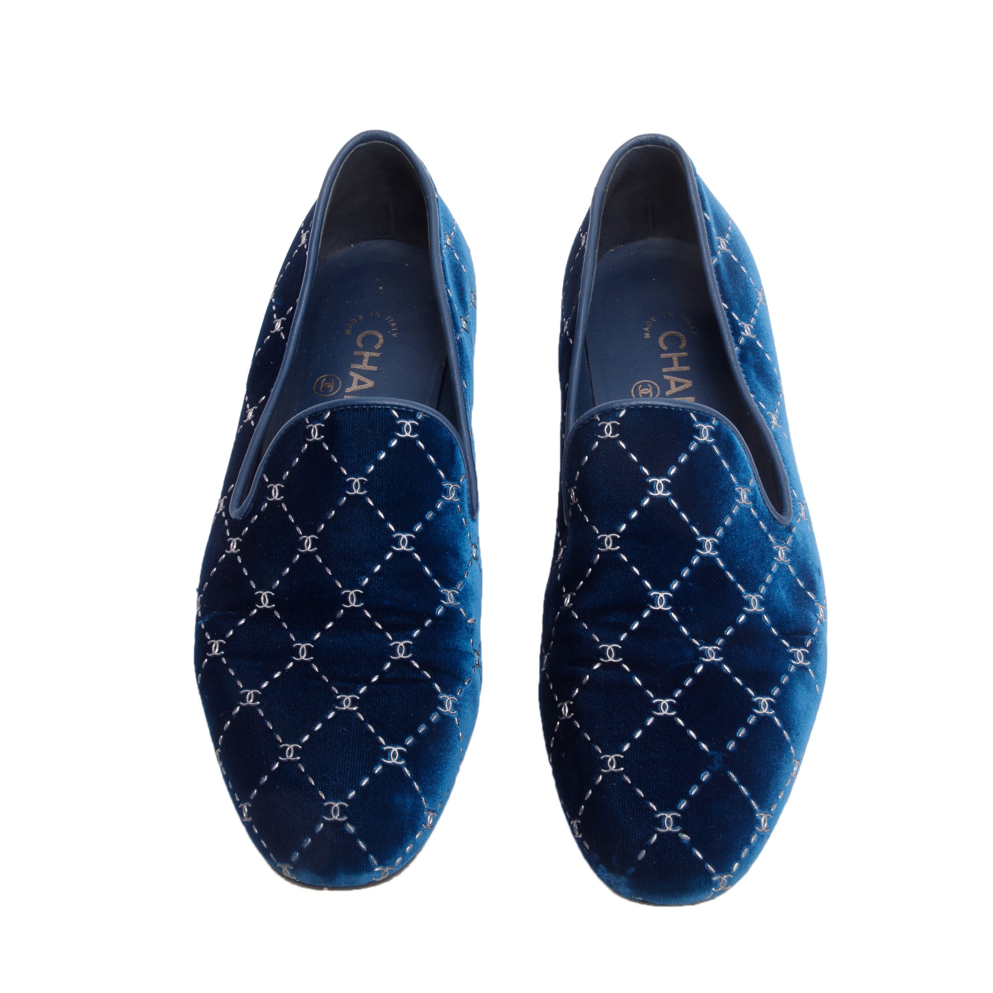Chanel Blue Velvet CC Logo All Around Loafer, Size 39