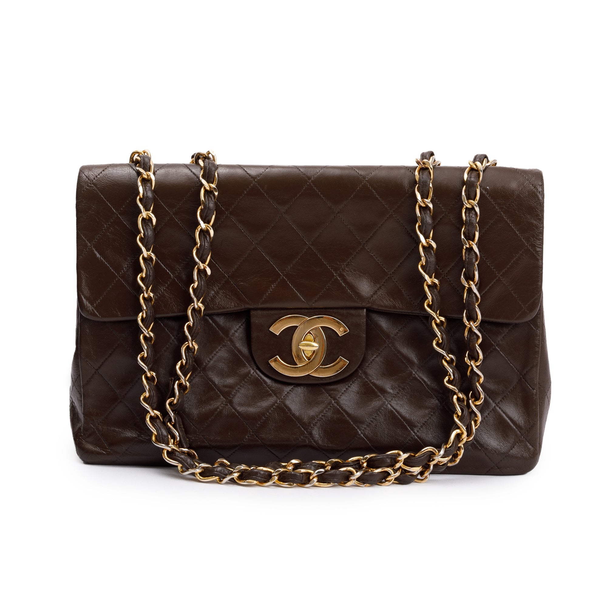 Chanel Brown Lambskin Leather Vintage Jumbo XL Single Flap Bag