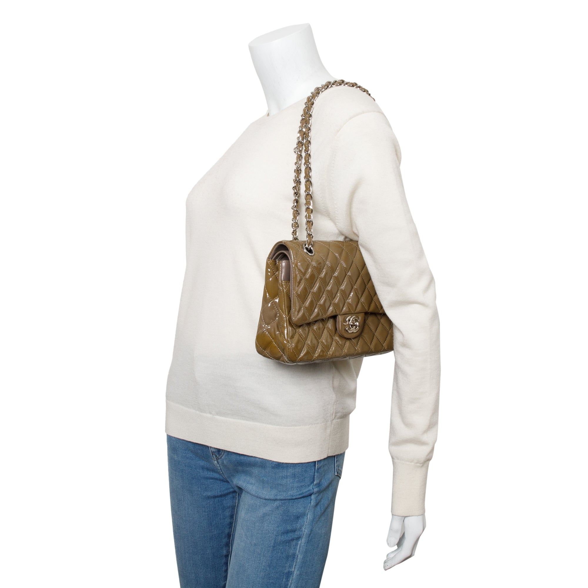 Chanel Brown Quilted Patent Leather Classic Medium Double Flap Bag