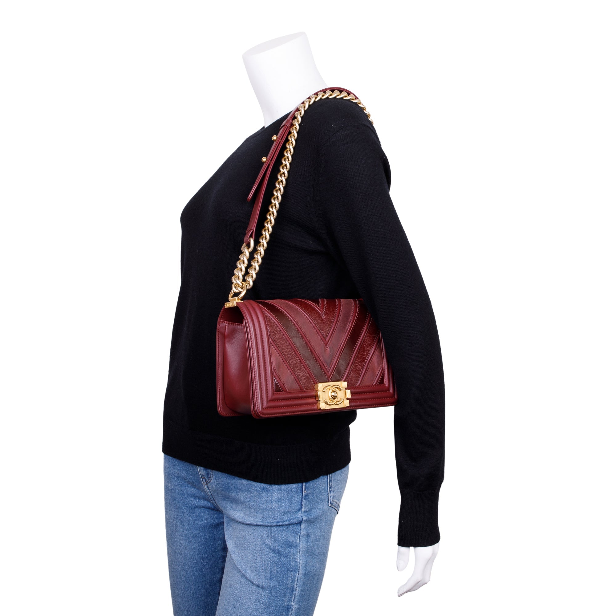 Chanel Burgundy Chevron Leather Medium Mix Boy Bag w/ Box, Receipt & Authenticity Card