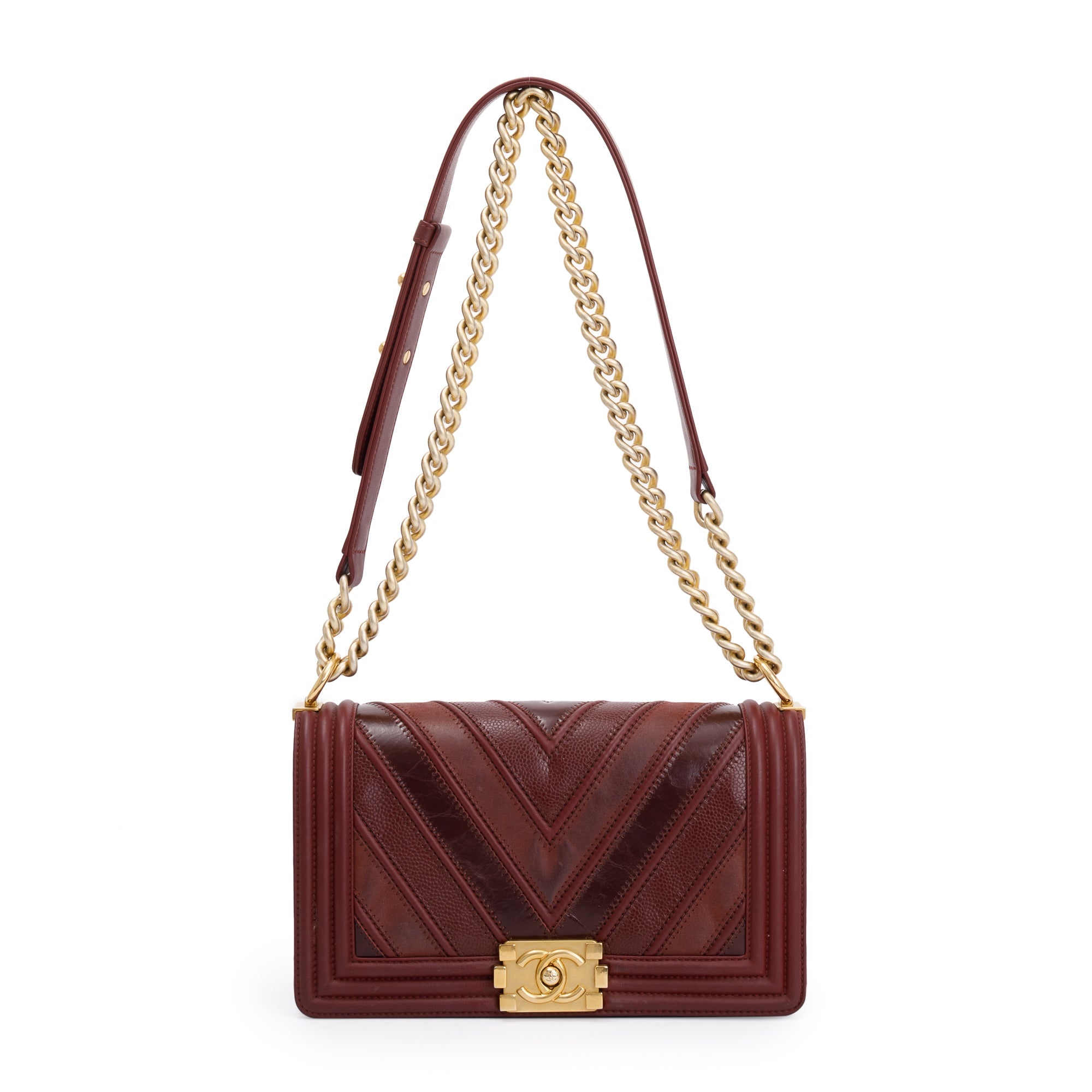 Chanel Burgundy Chevron Leather Medium Mix Boy Bag w/ Box, Receipt & Authenticity Card