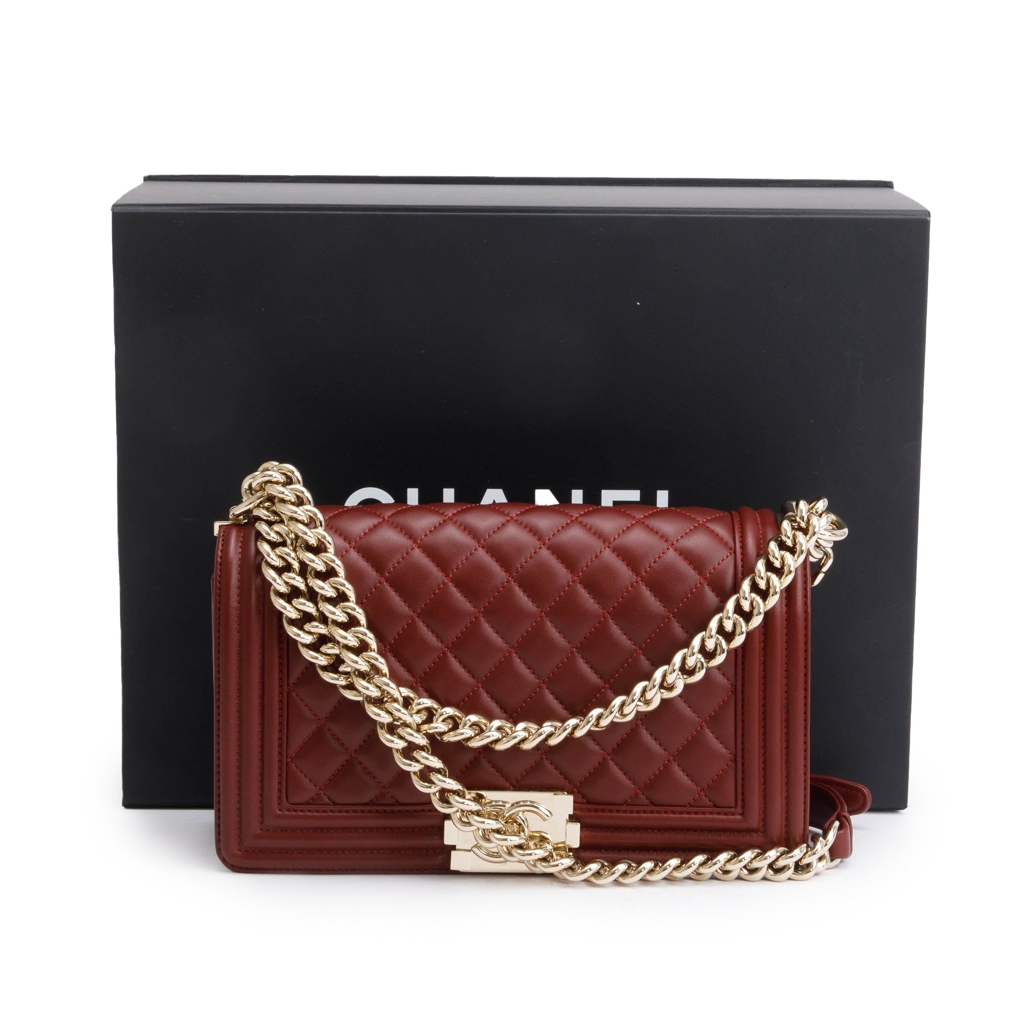 Chanel Burgundy Quilted Lambskin Medium Boy Bag w/ Box & Authenticity Card