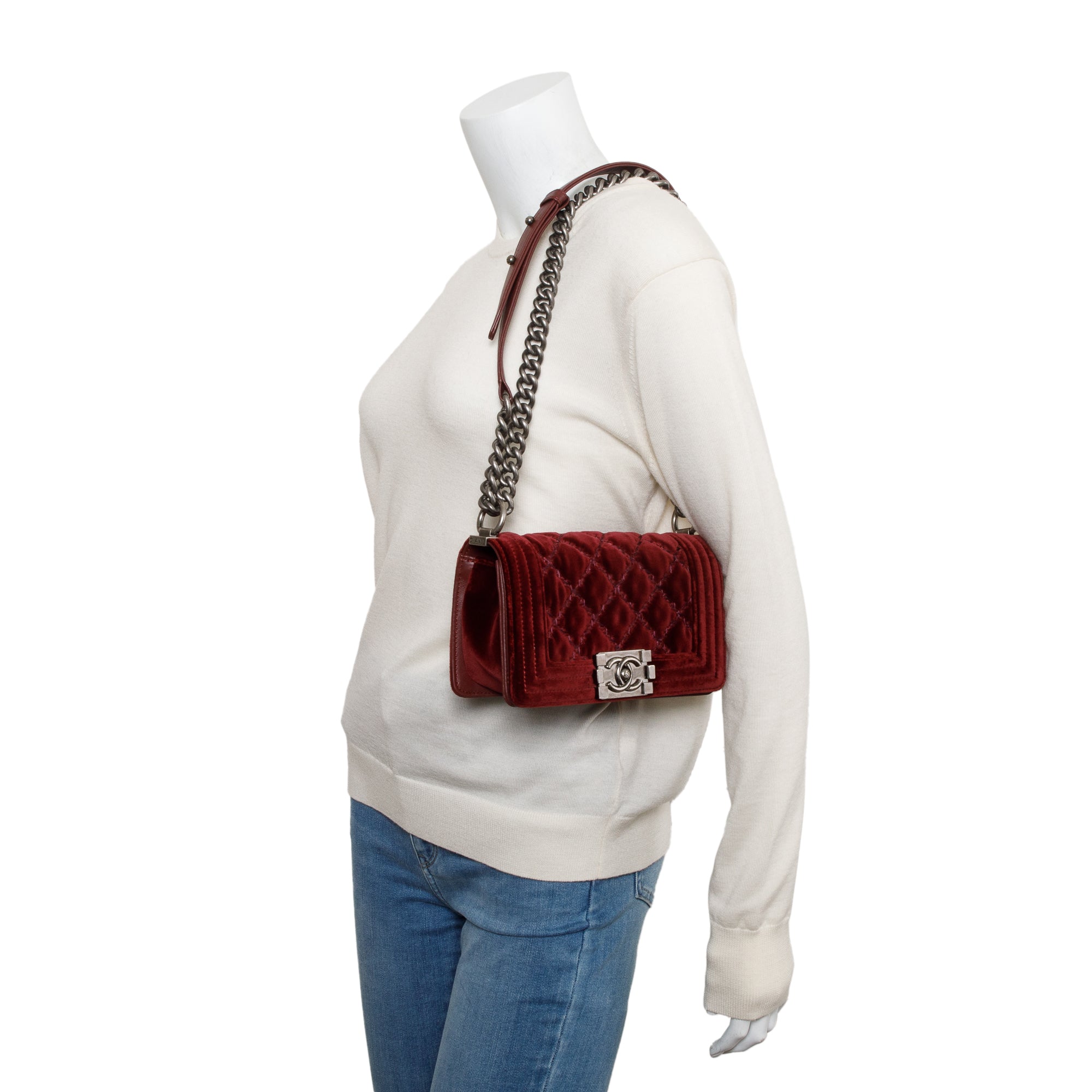 Chanel Burgundy Quilted Velvet Small Boy Bag w/ Box & Authenticity Card