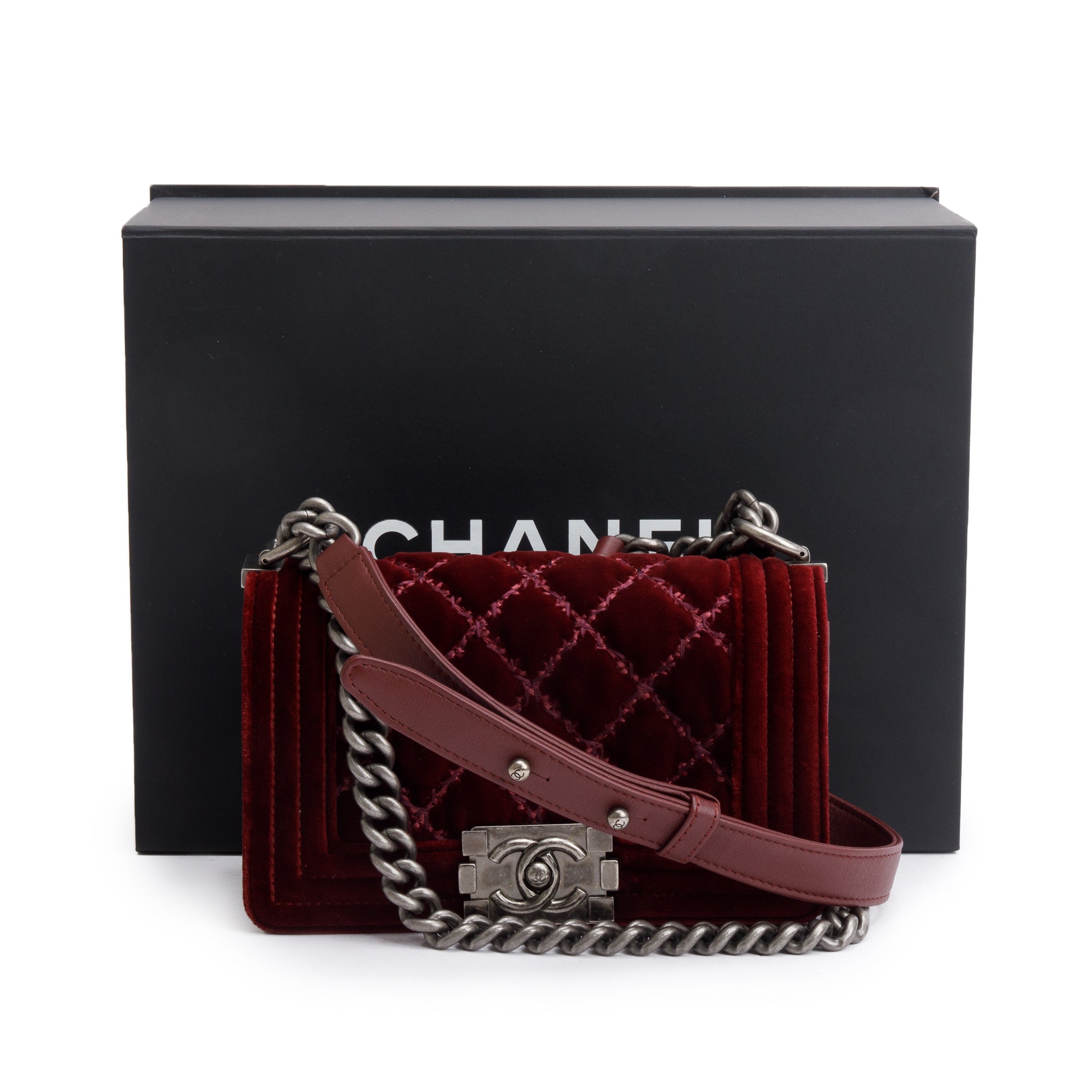 Chanel Burgundy Quilted Velvet Small Boy Bag w/ Box & Authenticity Card