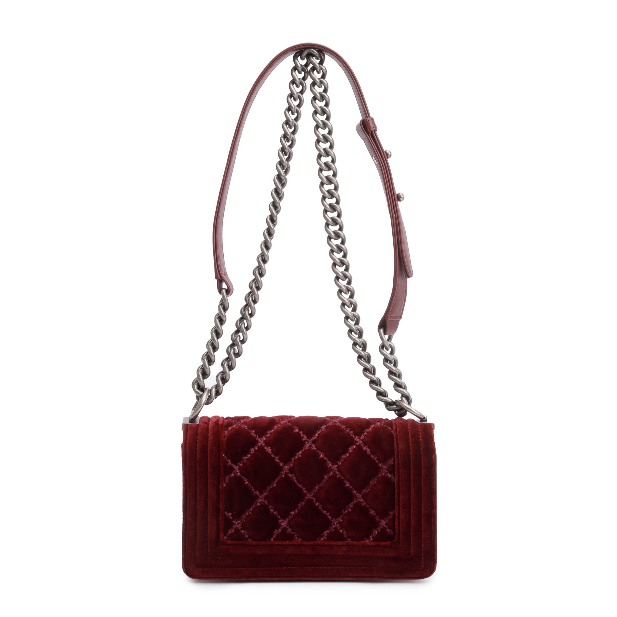 Chanel Burgundy Quilted Velvet Small Boy Bag w/ Box & Authenticity Card