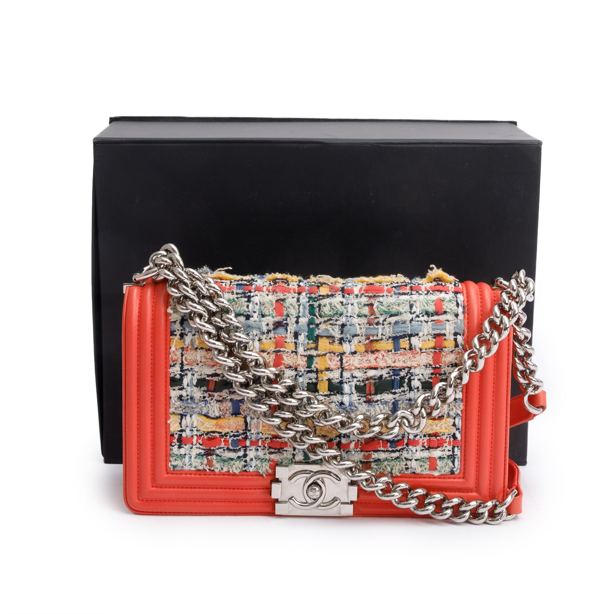 Chanel Coral Calfskin Leather Tweed Medium Boy Bag w/ Box & Authenticity Card