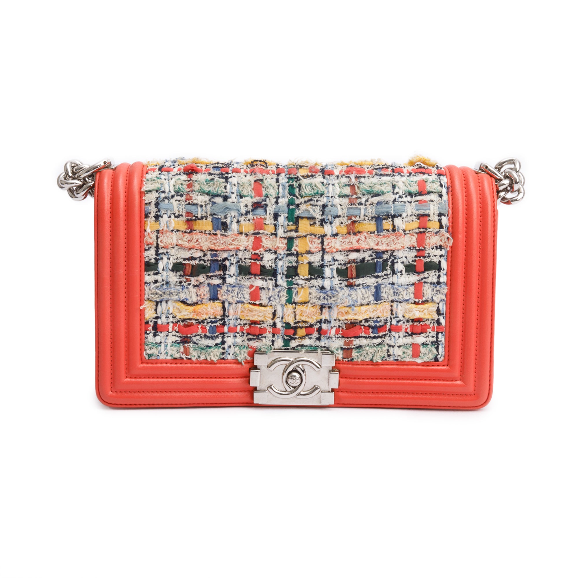 Chanel Coral Calfskin Leather Tweed Medium Boy Bag w/ Box & Authenticity Card