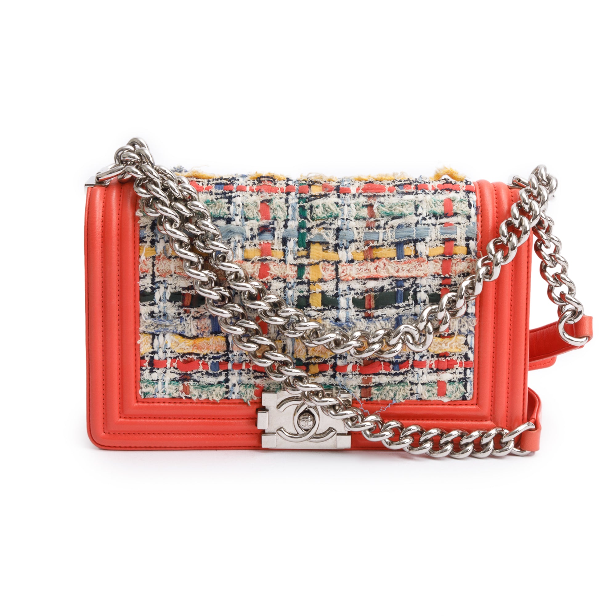 Chanel Coral Calfskin Leather Tweed Medium Boy Bag w/ Box & Authenticity Card