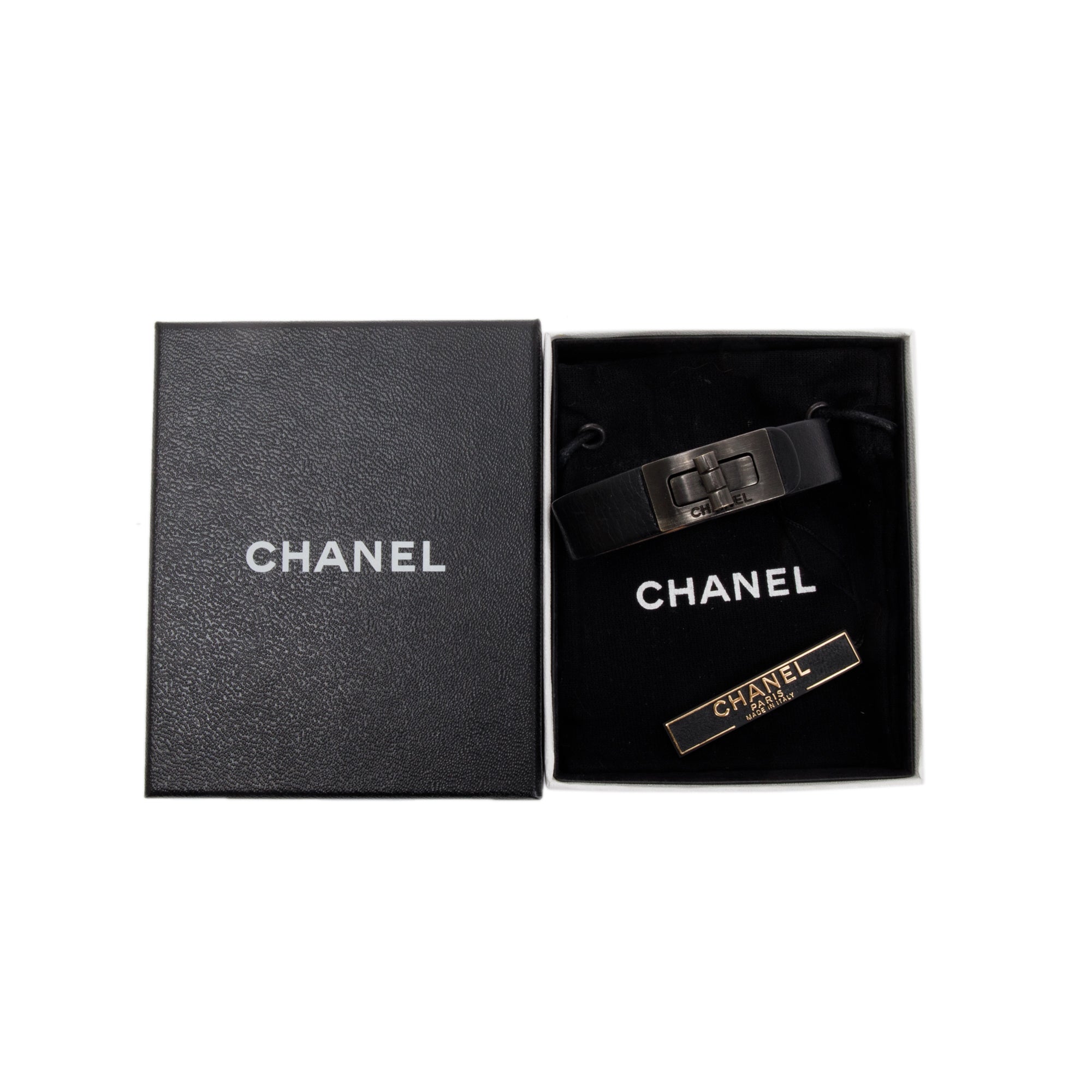 Chanel Darkened Silver-Tone Metal Black Leather Turnlock Wrap Bracelet w/ Box