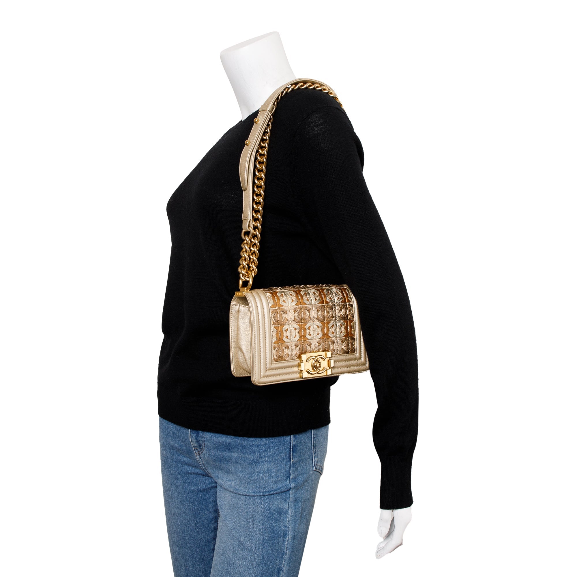 Chanel Gold Metallic Lambskin Leather CC Cutout Small Boy Bag