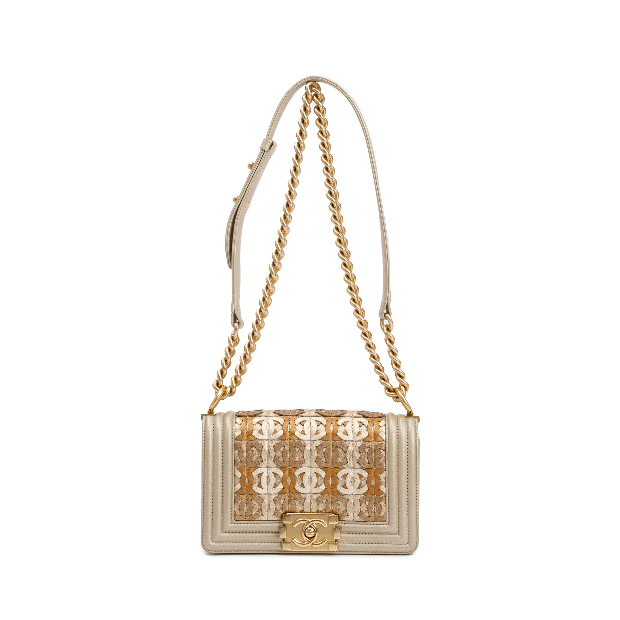 Chanel Gold Metallic Lambskin Leather CC Cutout Small Boy Bag