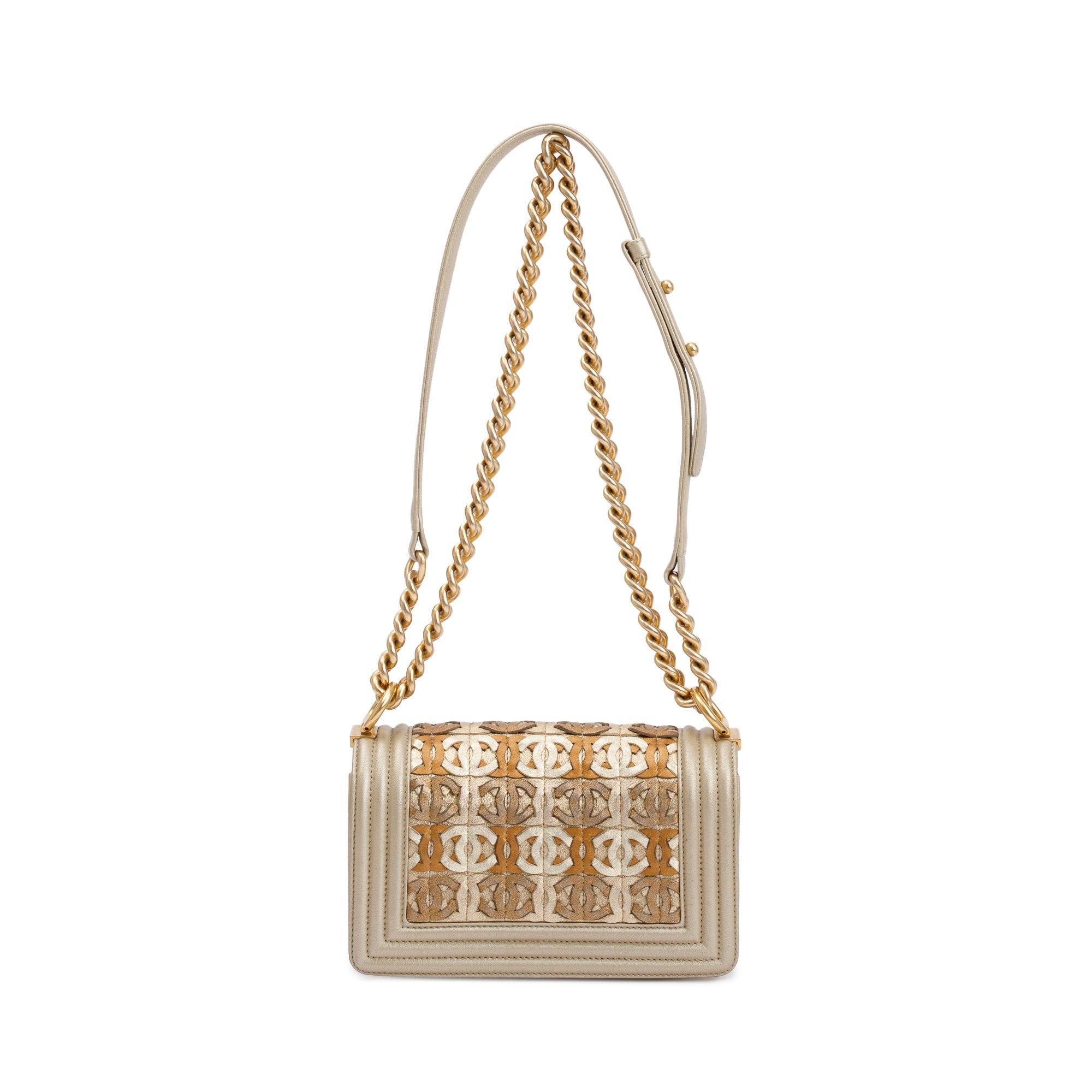 Chanel Gold Metallic Lambskin Leather CC Cutout Small Boy Bag