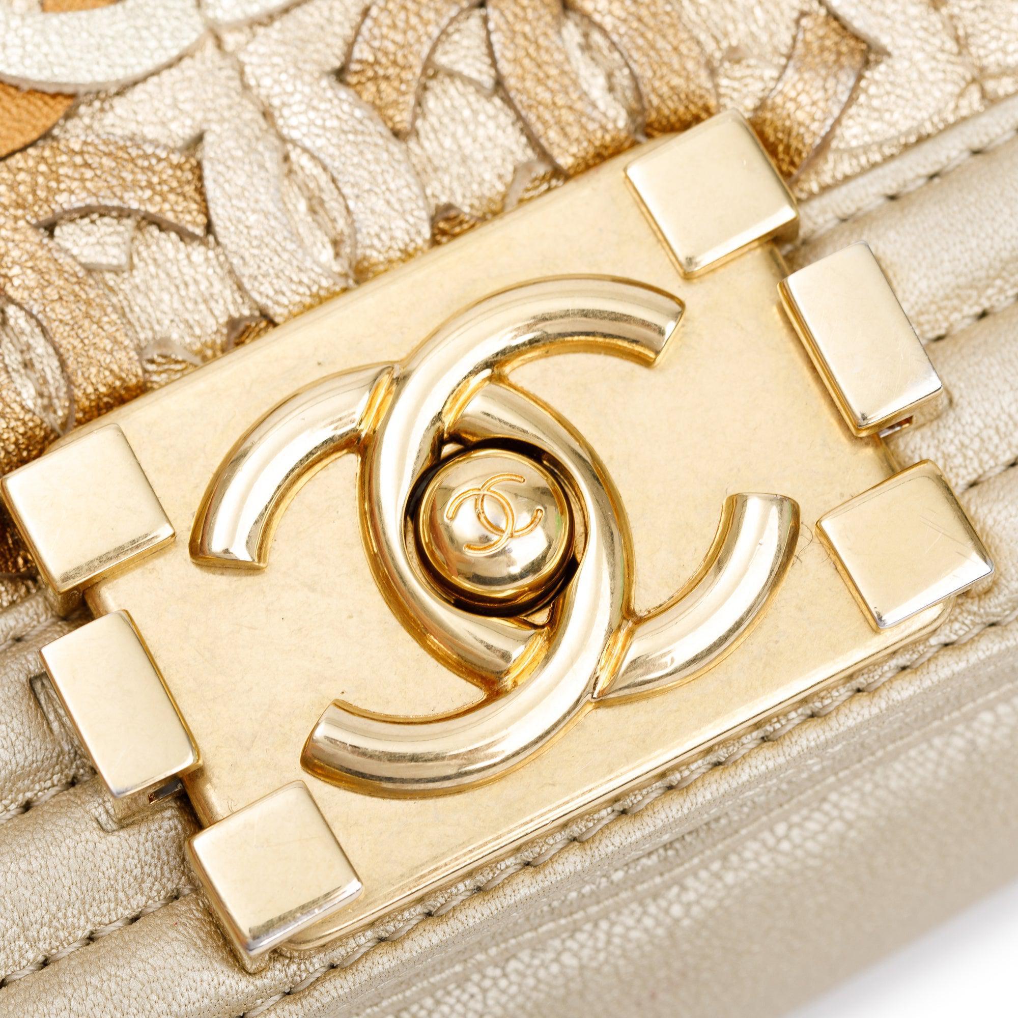 Chanel Gold Metallic Lambskin Leather CC Cutout Small Boy Bag