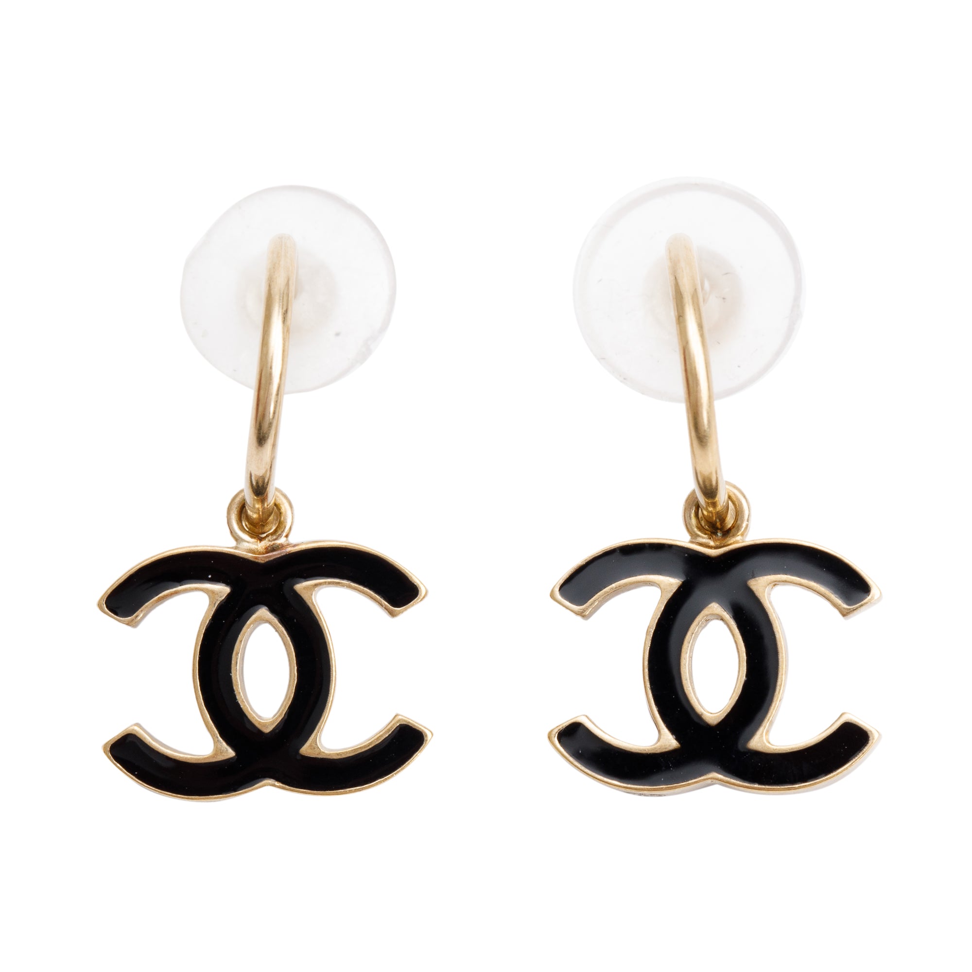 Chanel Gold Plated Black Enamel CC Drop Earrings