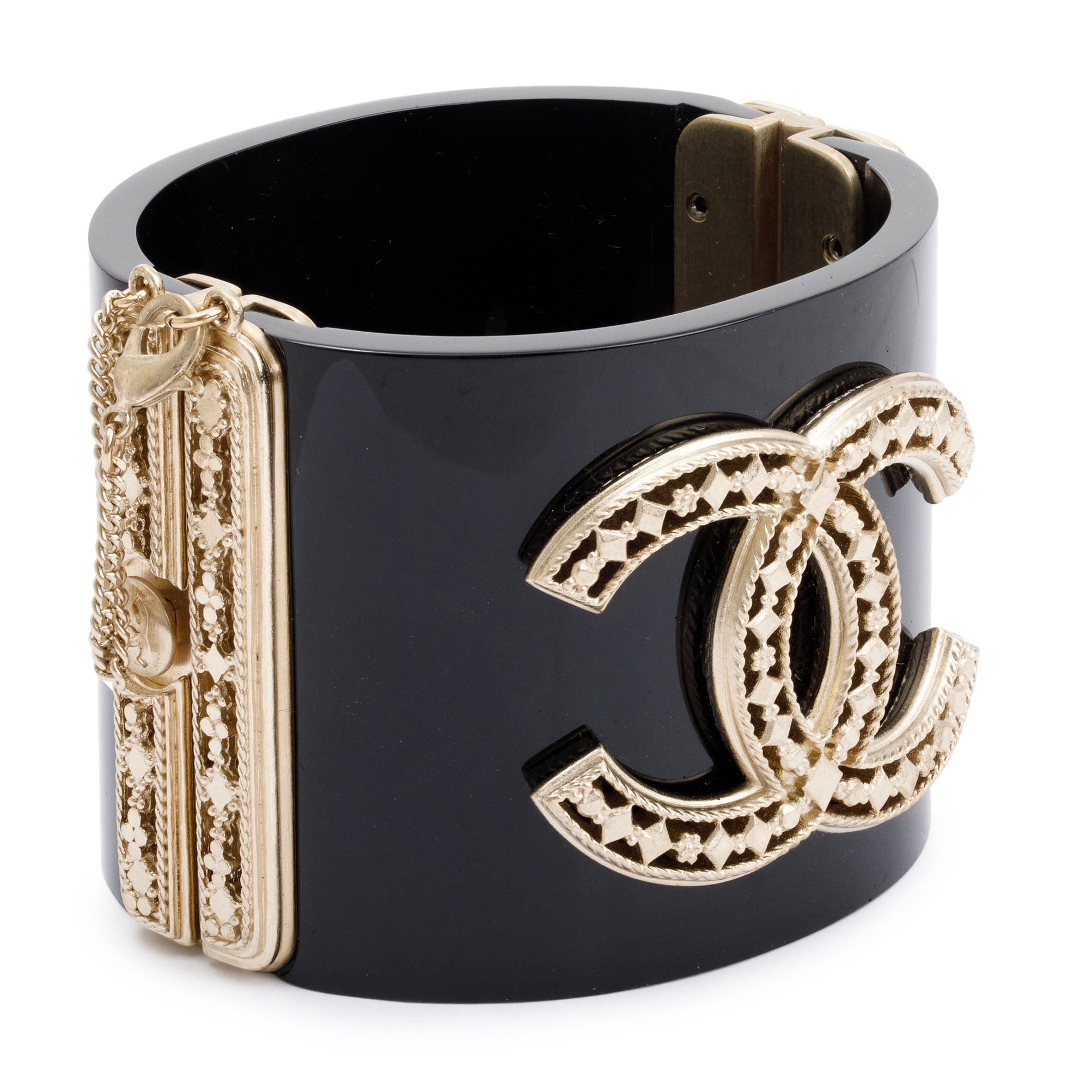 Chanel Gold Plated Black Resin CC Hinged Bangle w/ Box