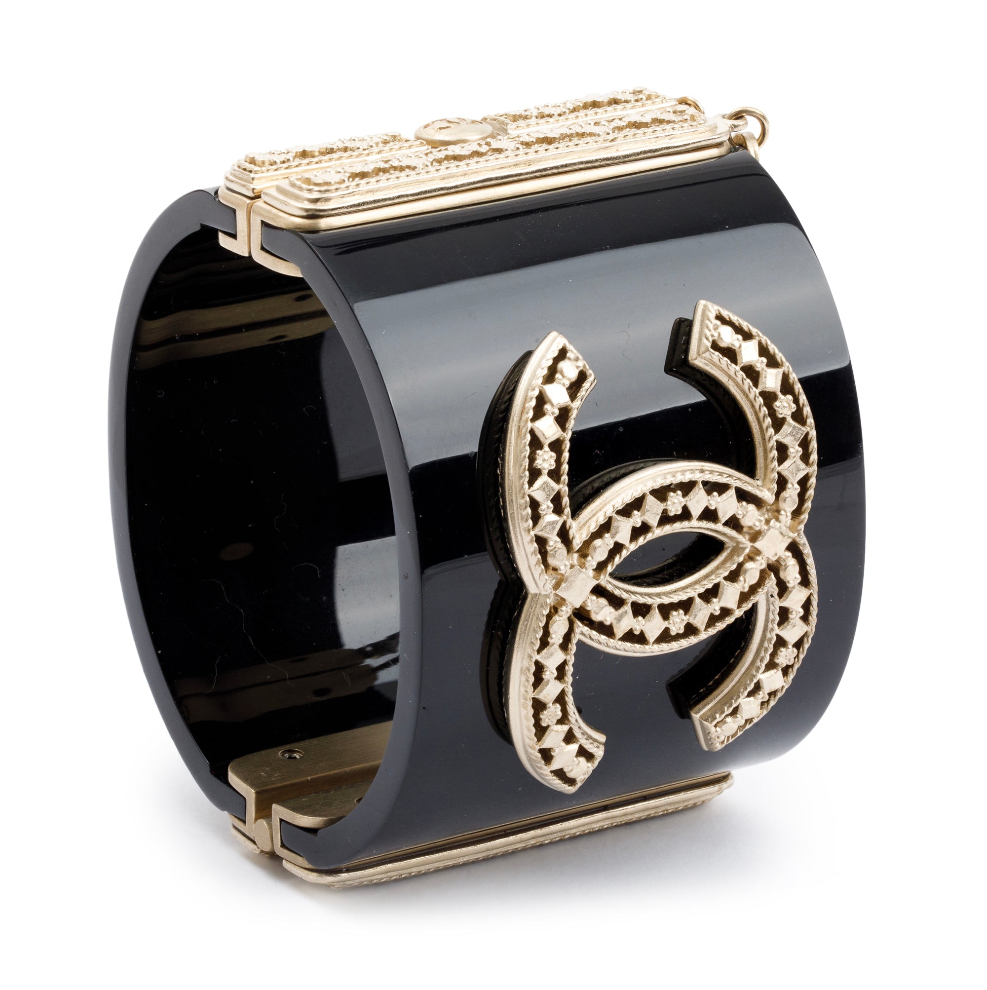 Chanel Gold Plated Black Resin CC Hinged Bangle w/ Box