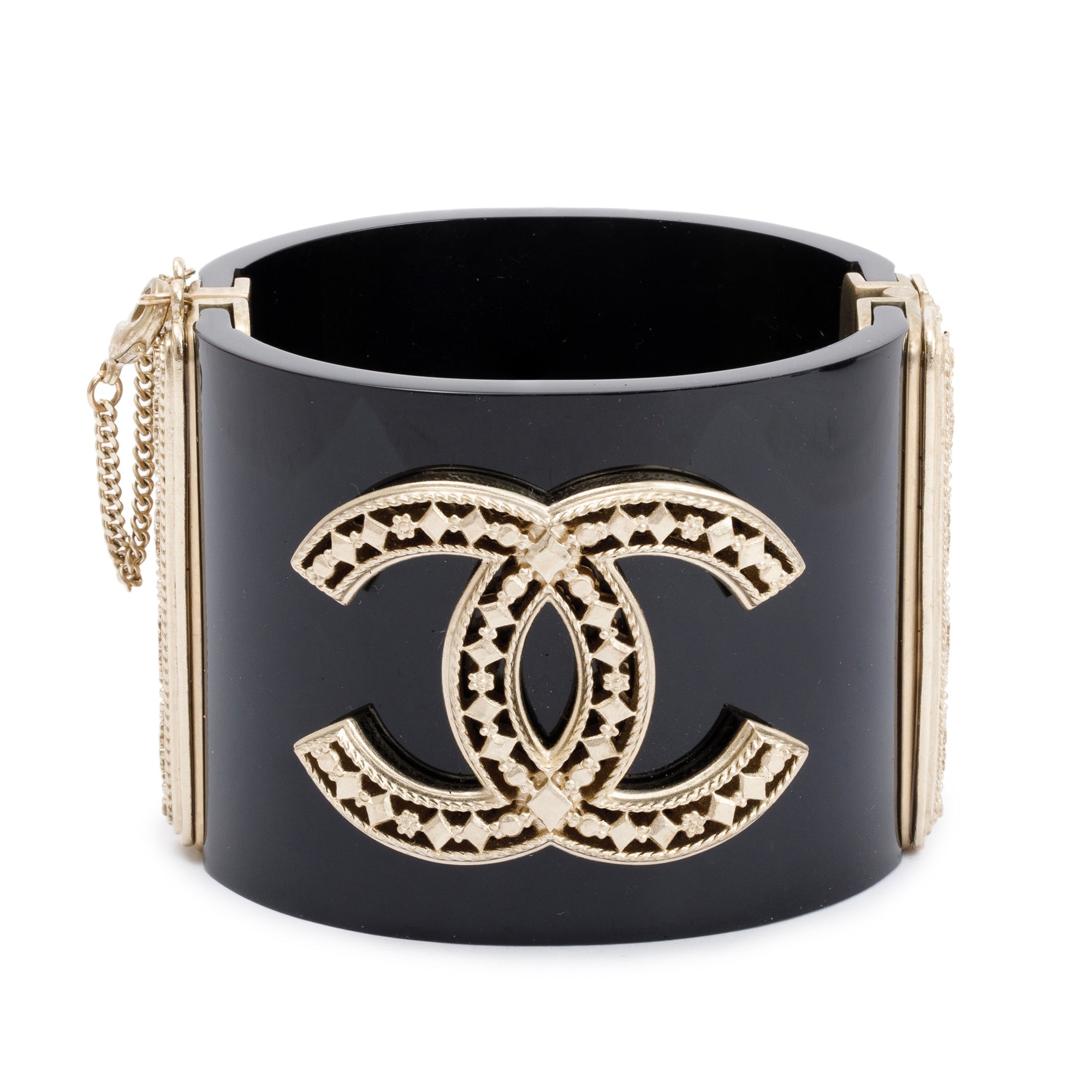 Chanel Gold Plated Black Resin CC Hinged Bangle w/ Box