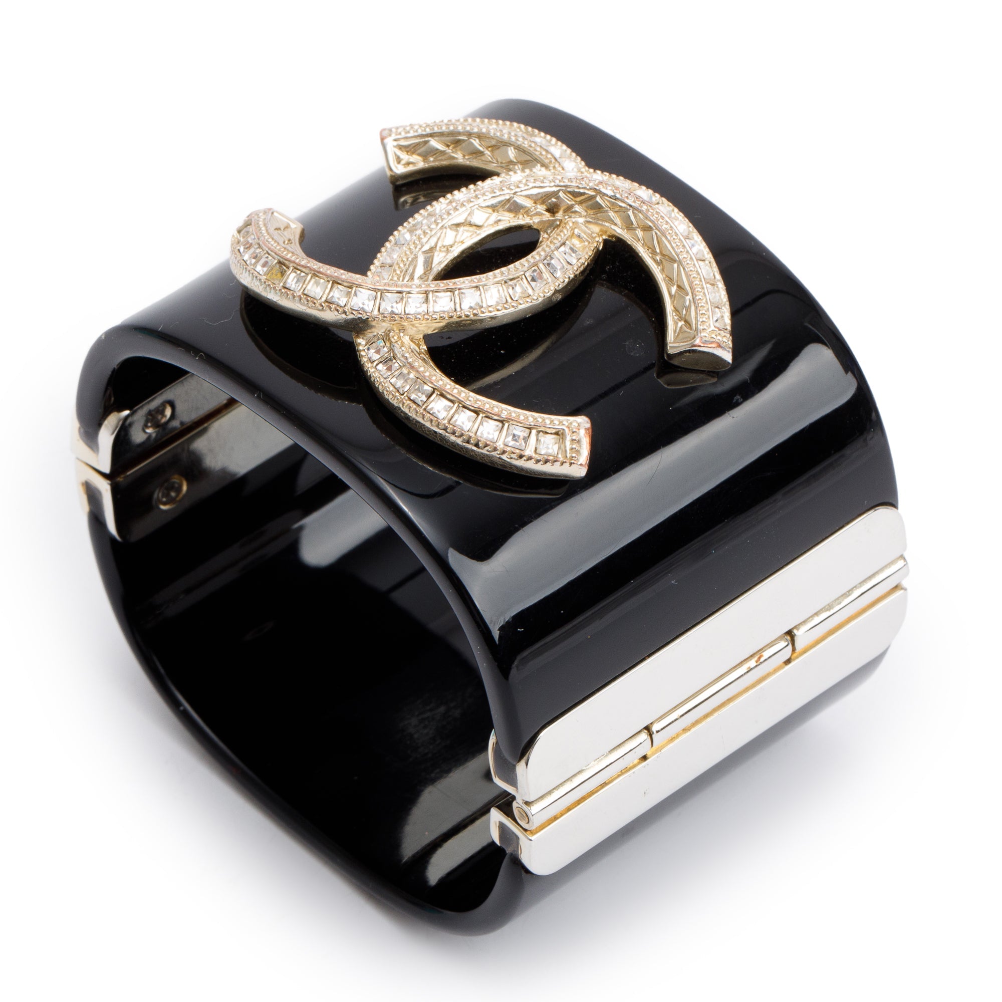 Chanel Gold Plated Black Resin Strass CC Hinged Bangle